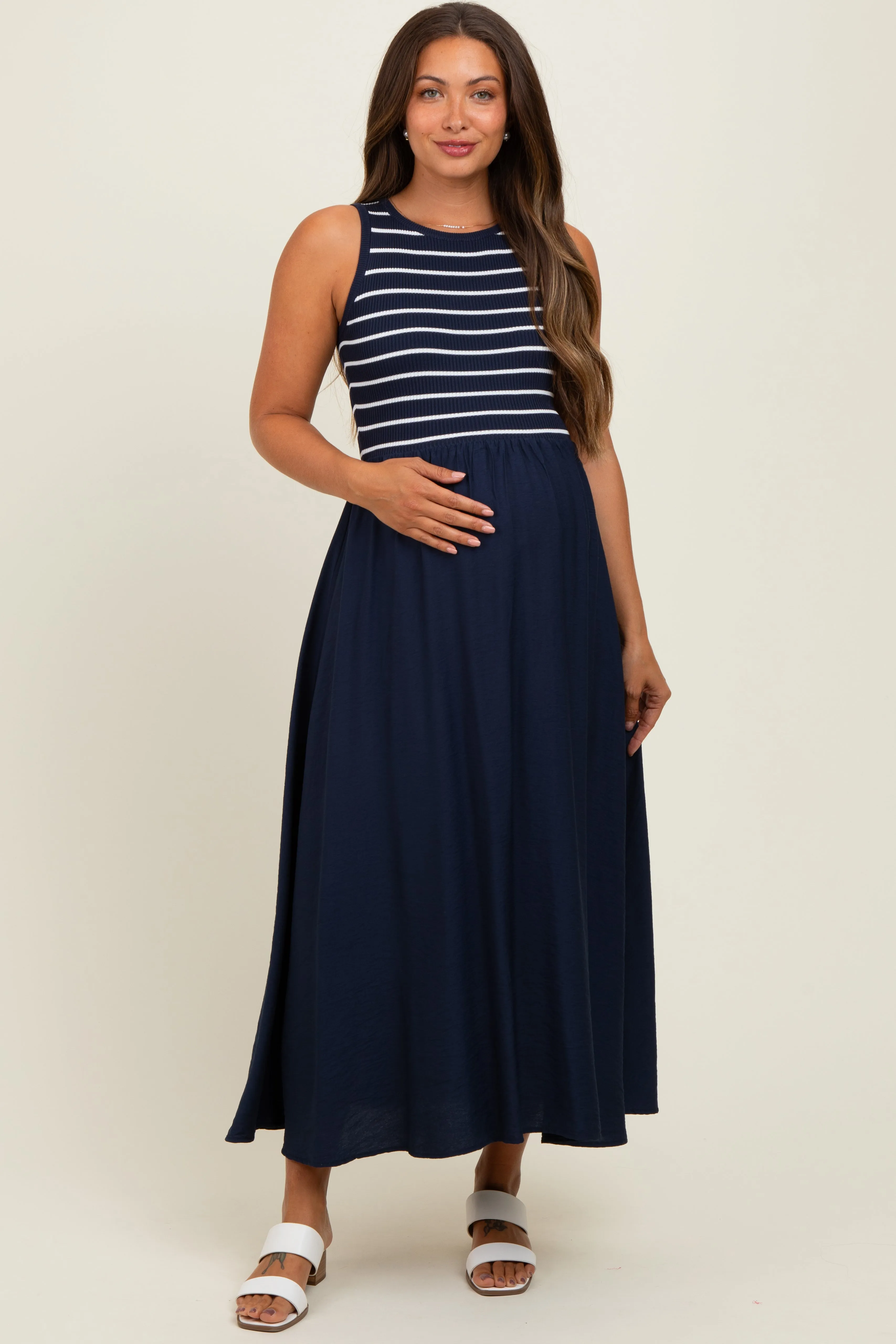 Navy Contrast Striped Knit Sleeveless Maternity Midi Dress sold by Pinkblush product image thumbnail 2