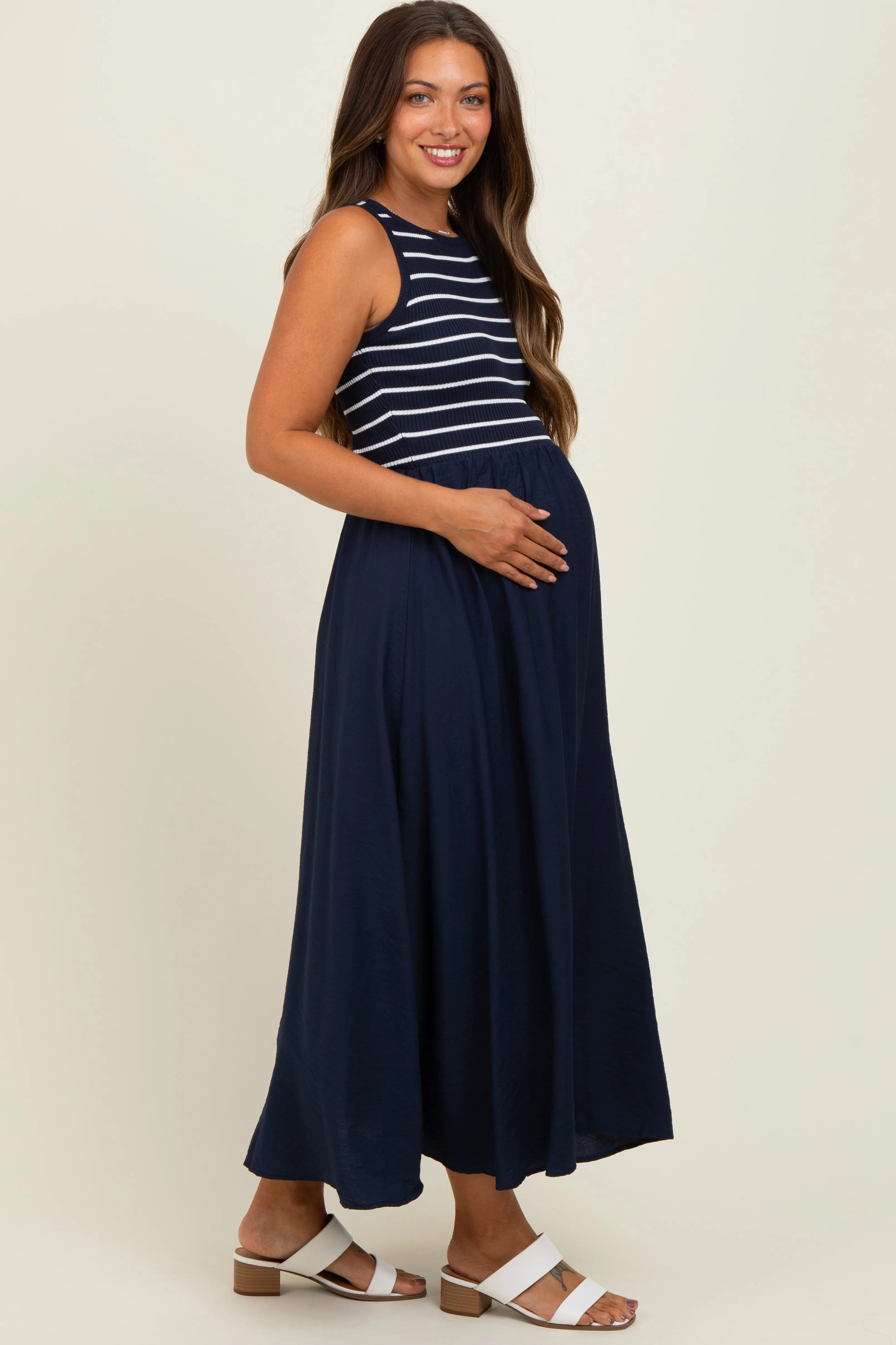 Navy Contrast Striped Knit Sleeveless Maternity Midi Dress sold by Pinkblush product image thumbnail 3
