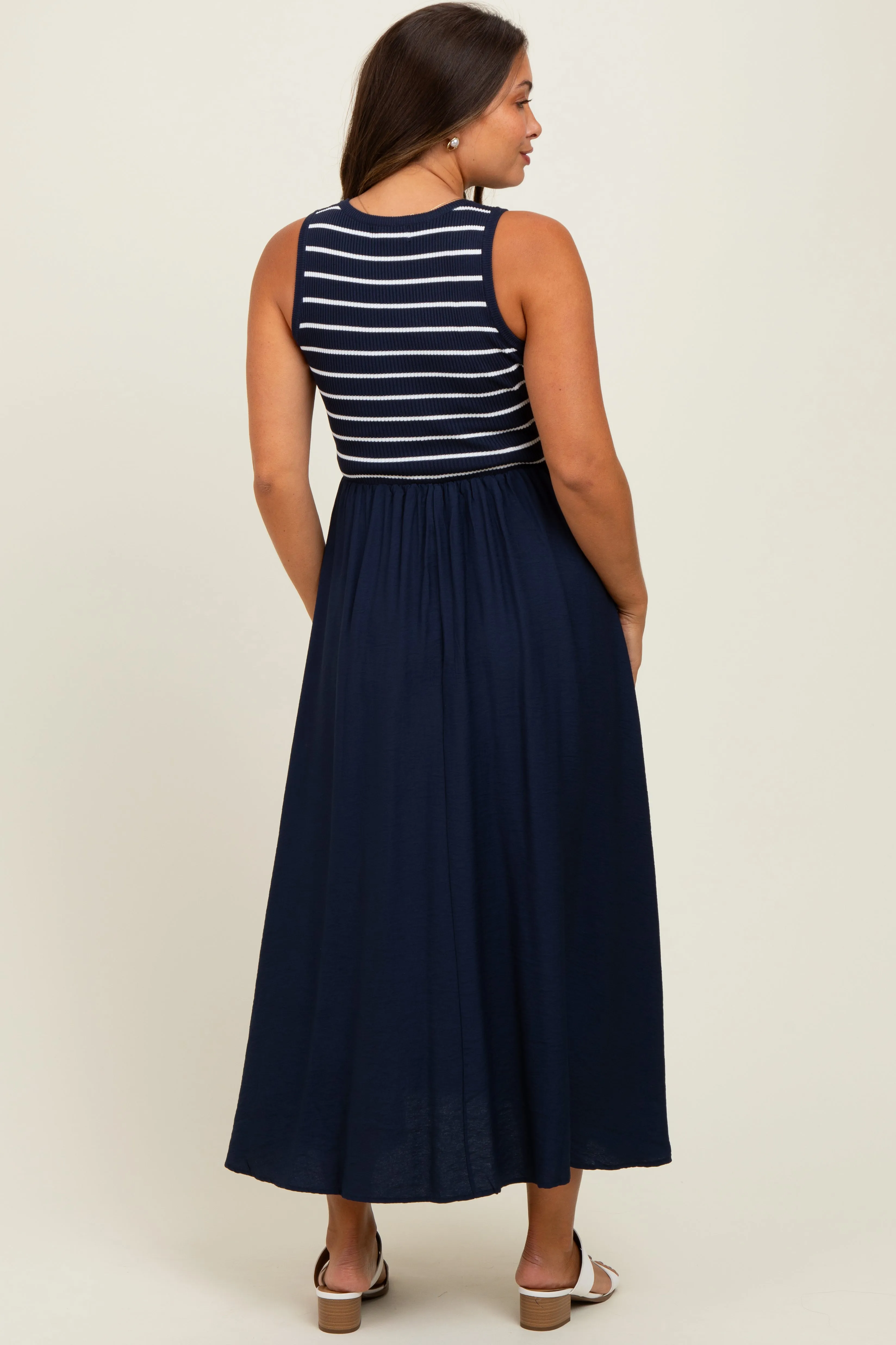 Navy Contrast Striped Knit Sleeveless Maternity Midi Dress sold by Pinkblush product image thumbnail 4