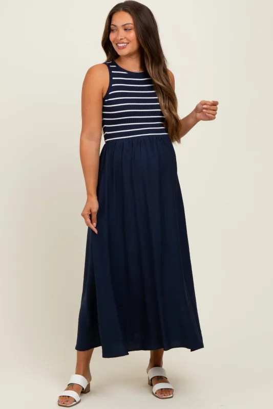 Navy Contrast Striped Knit Sleeveless Maternity Midi Dress sold by Pinkblush