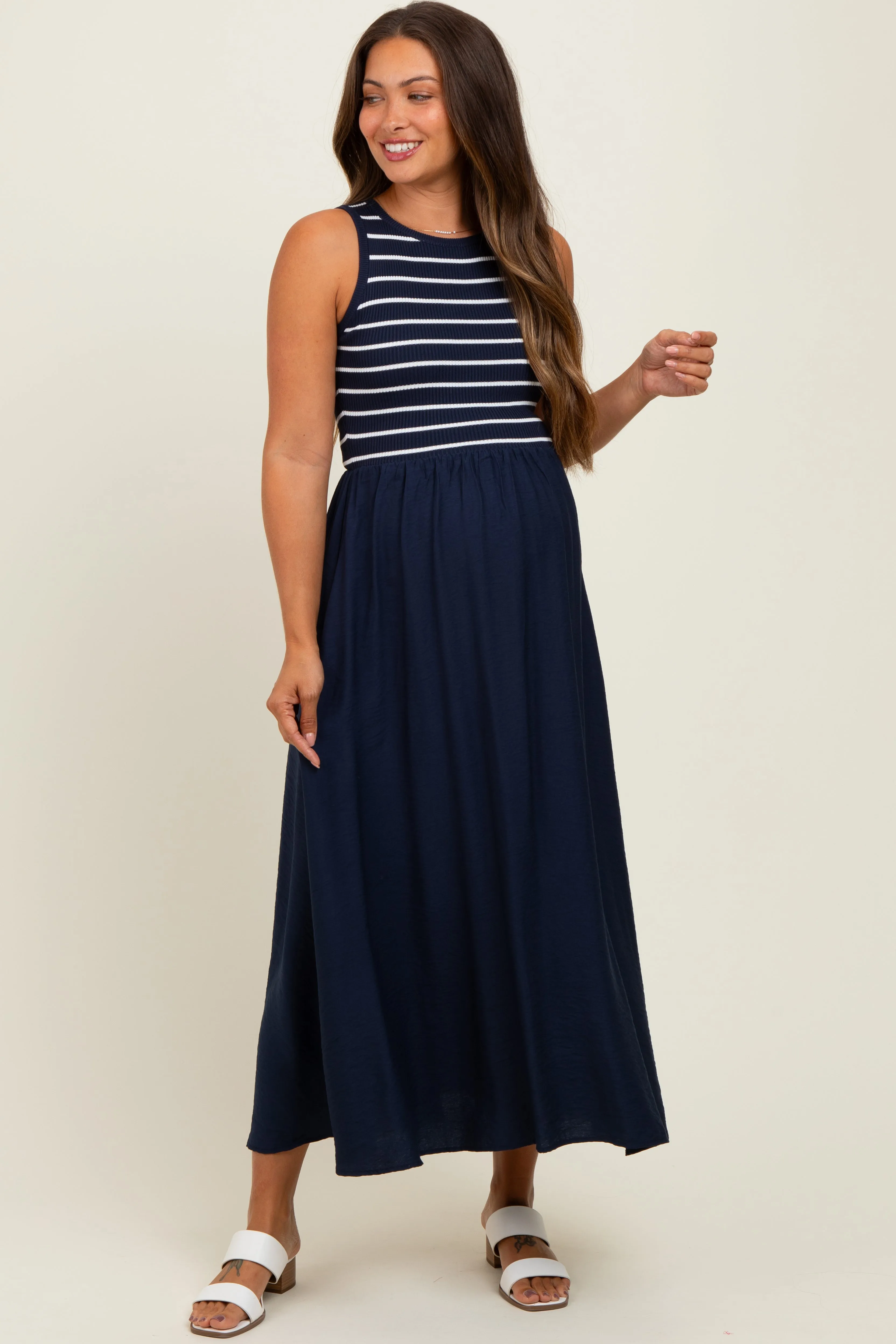 Navy Contrast Striped Knit Sleeveless Maternity Midi Dress sold by Pinkblush