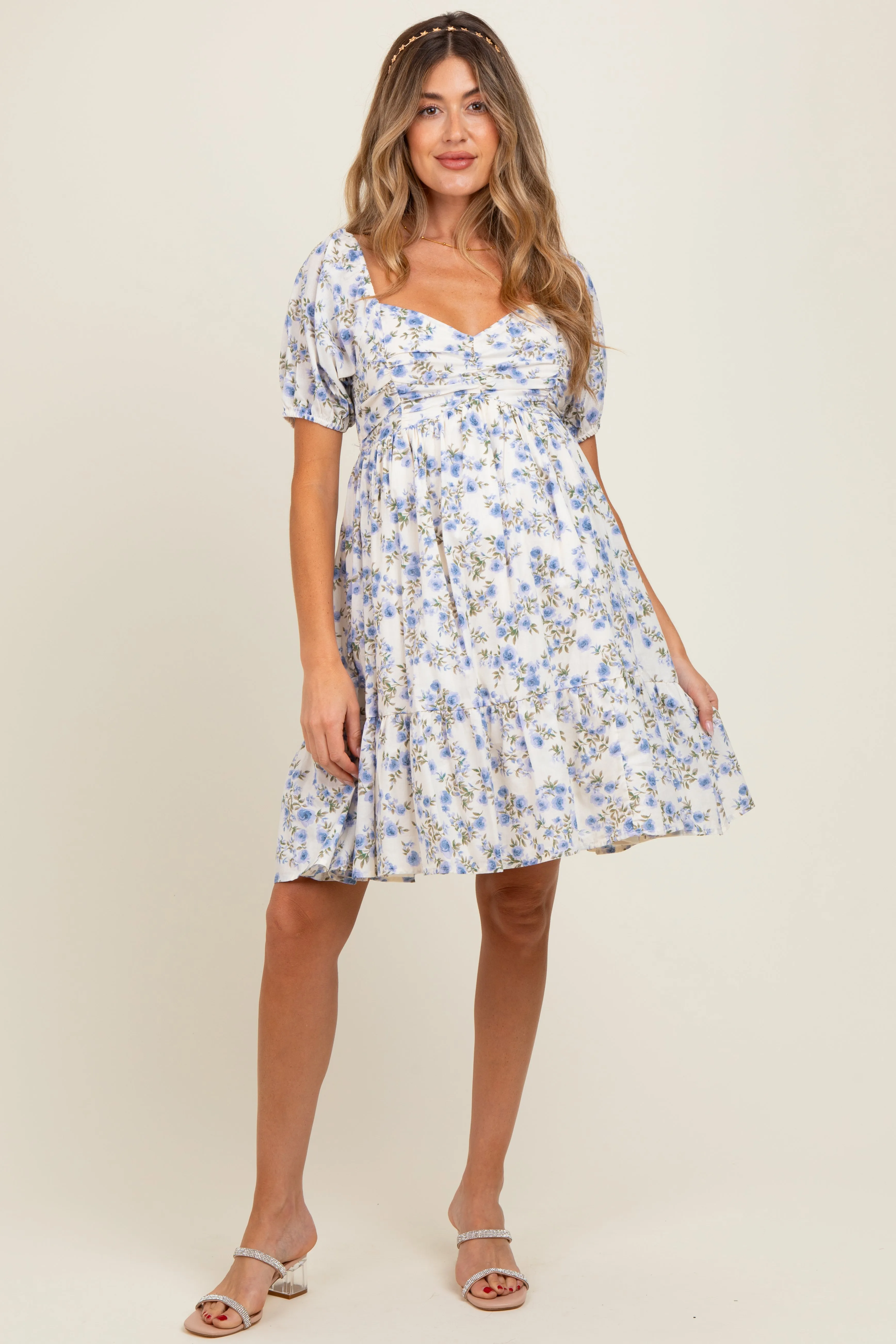 Cream/Lavender Ruched Bust Puff Sleeve Floral Cotton Maternity Mini Dress sold by Pinkblush