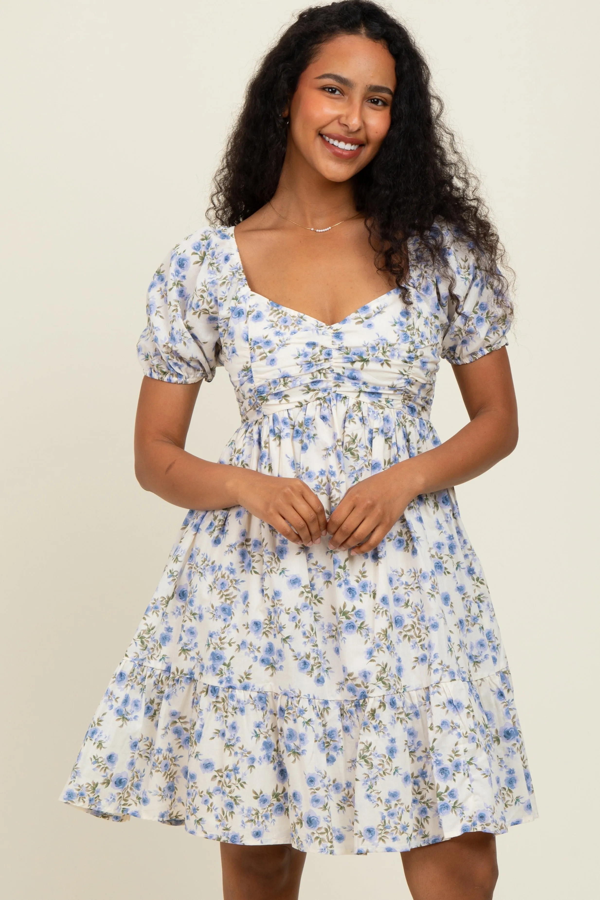 Cream/Lavender Ruched Bust Puff Sleeve Floral Cotton Maternity Mini Dress sold by Pinkblush product image thumbnail 5