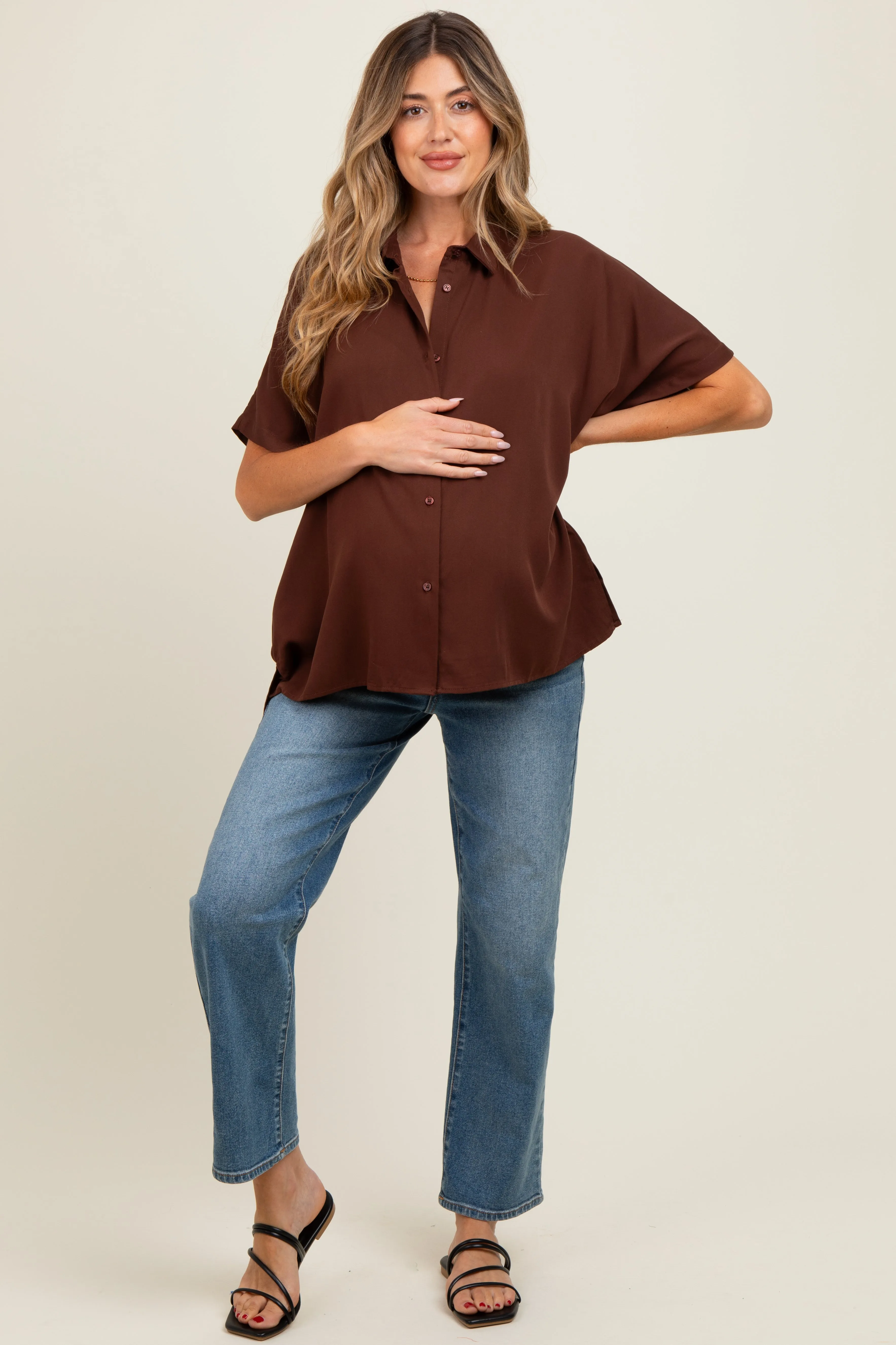 Brown Dolman Sleeve Button Down Maternity Blouse sold by Pinkblush product image thumbnail 2
