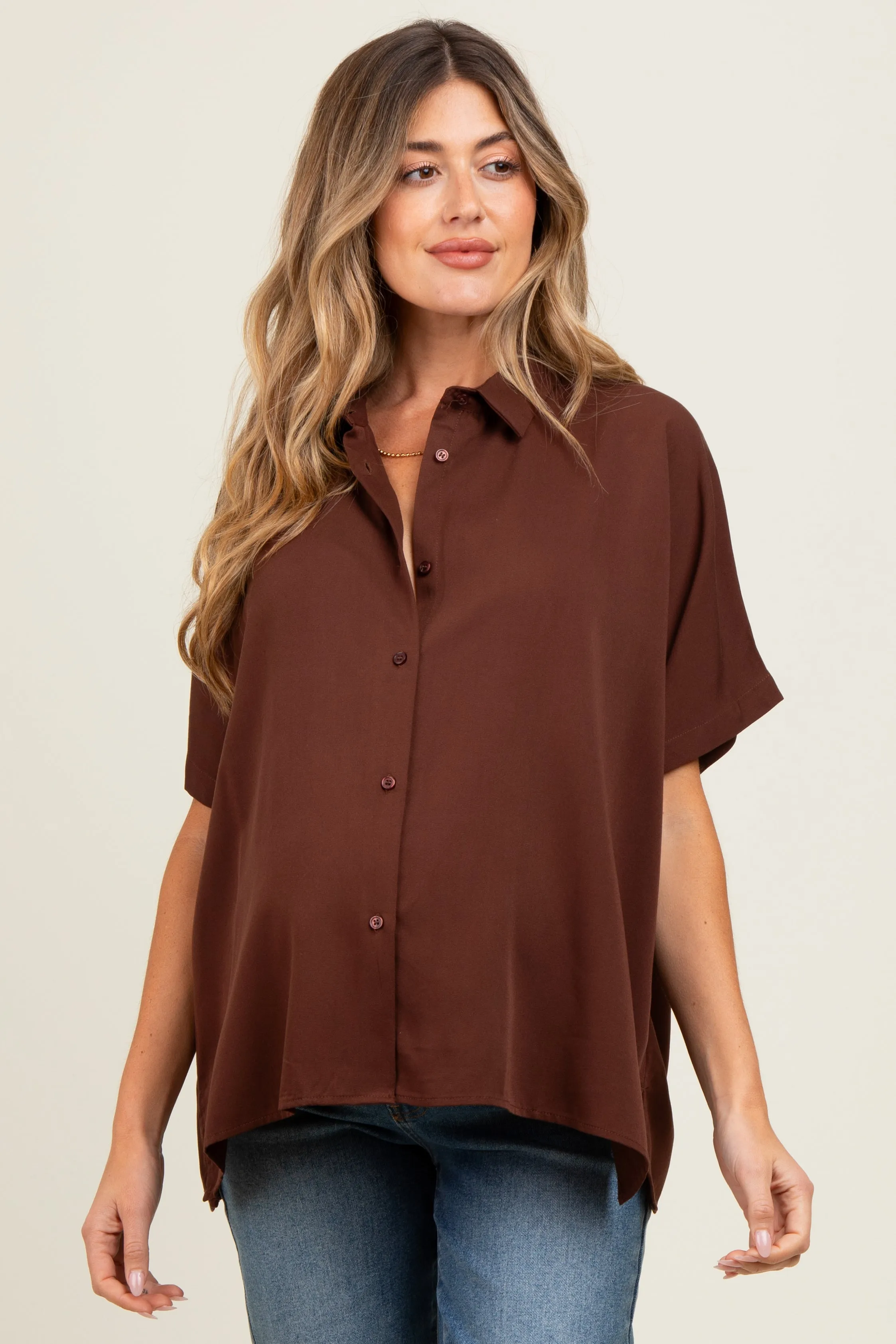 Brown Dolman Sleeve Button Down Maternity Blouse sold by Pinkblush