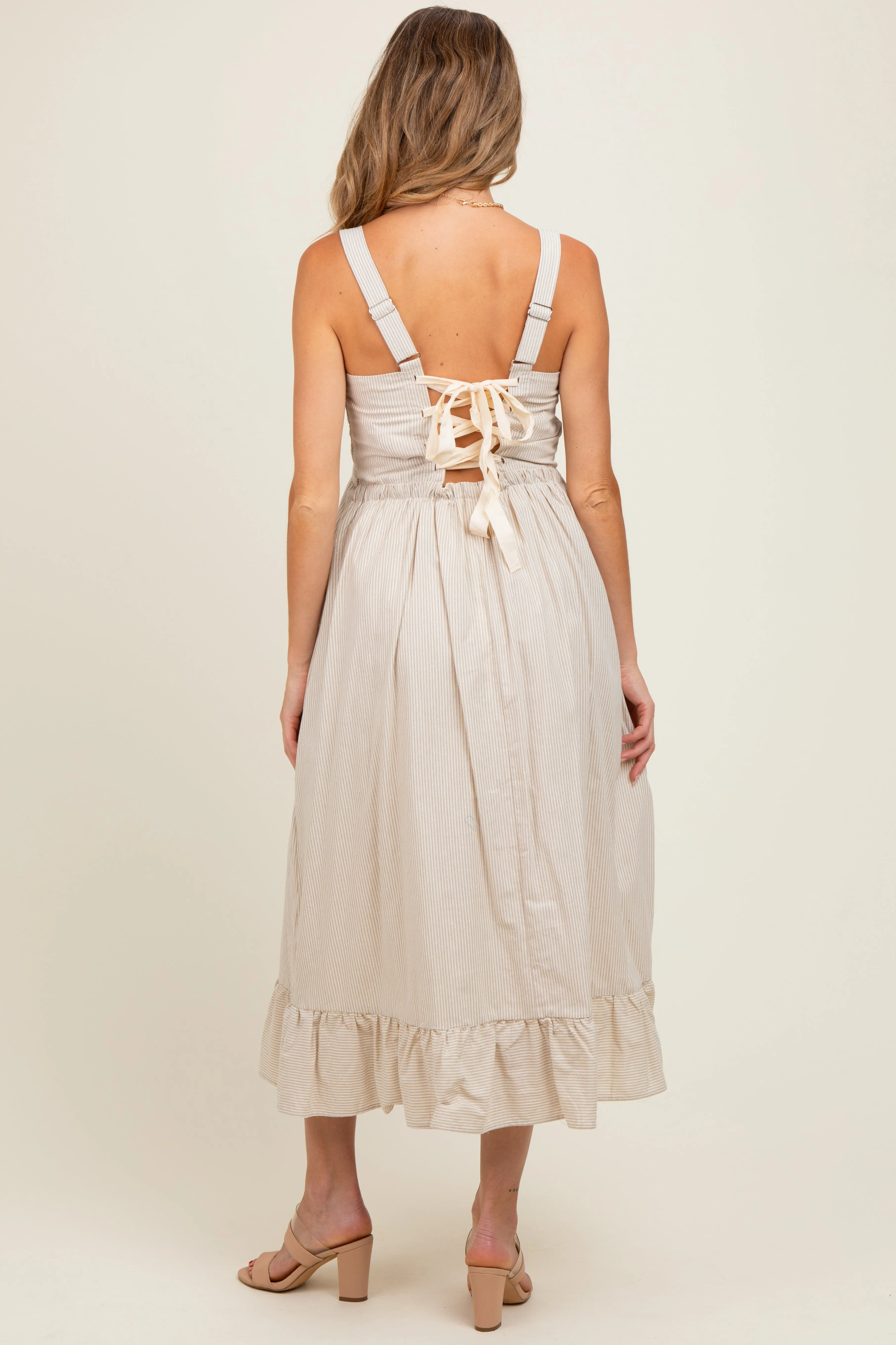 Beige Striped Cotton Sleeveless Maternity Dress sold by Pinkblush product image thumbnail 4