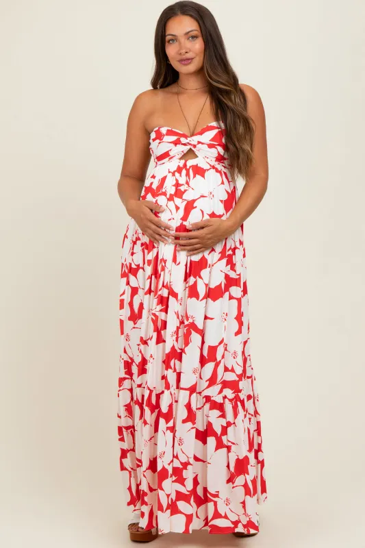 Red Floral Strapless Cutout Back Maternity Maxi Dress sold by Pinkblush