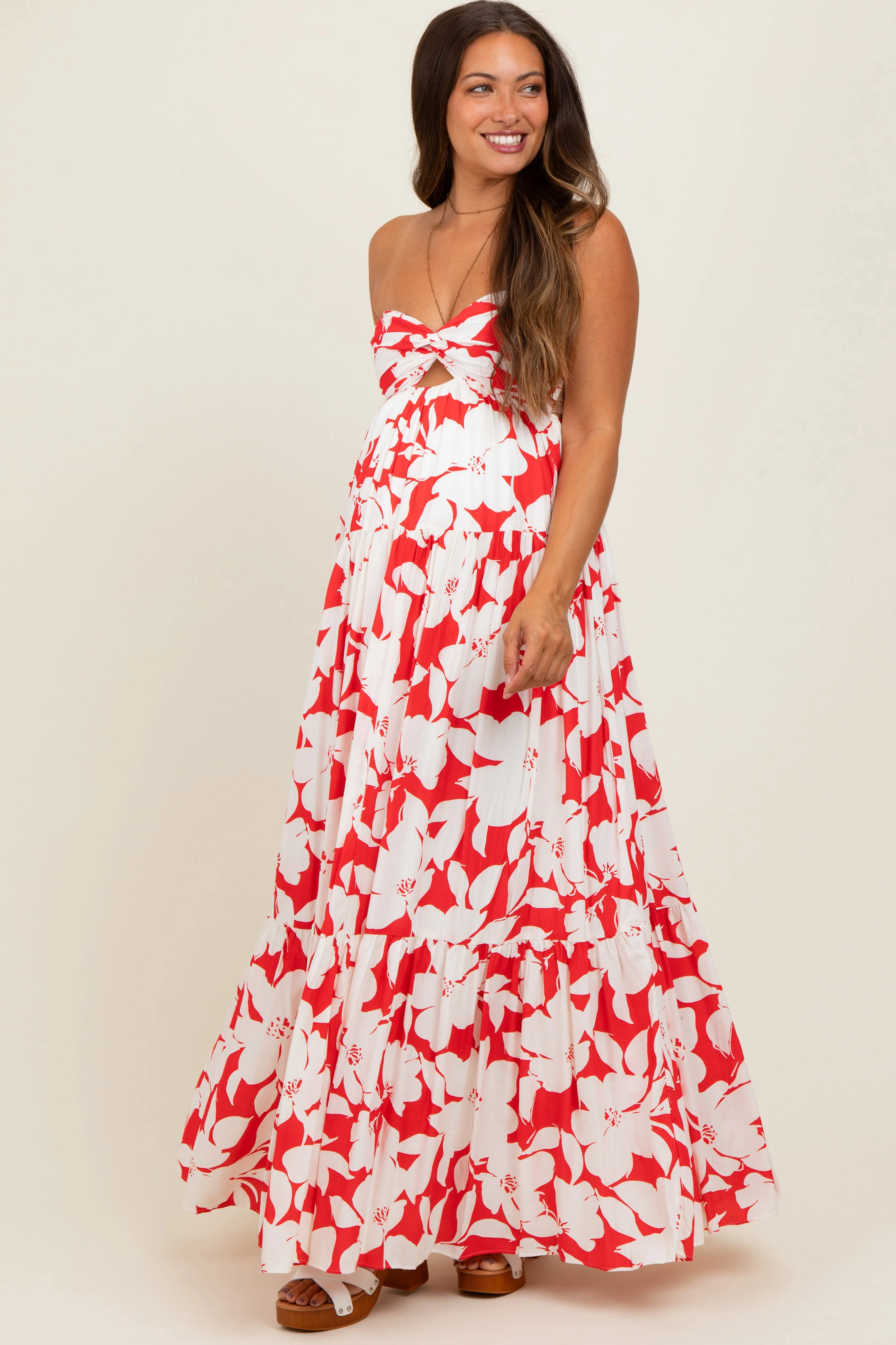 Red Floral Strapless Cutout Back Maternity Maxi Dress sold by Pinkblush product image thumbnail 2