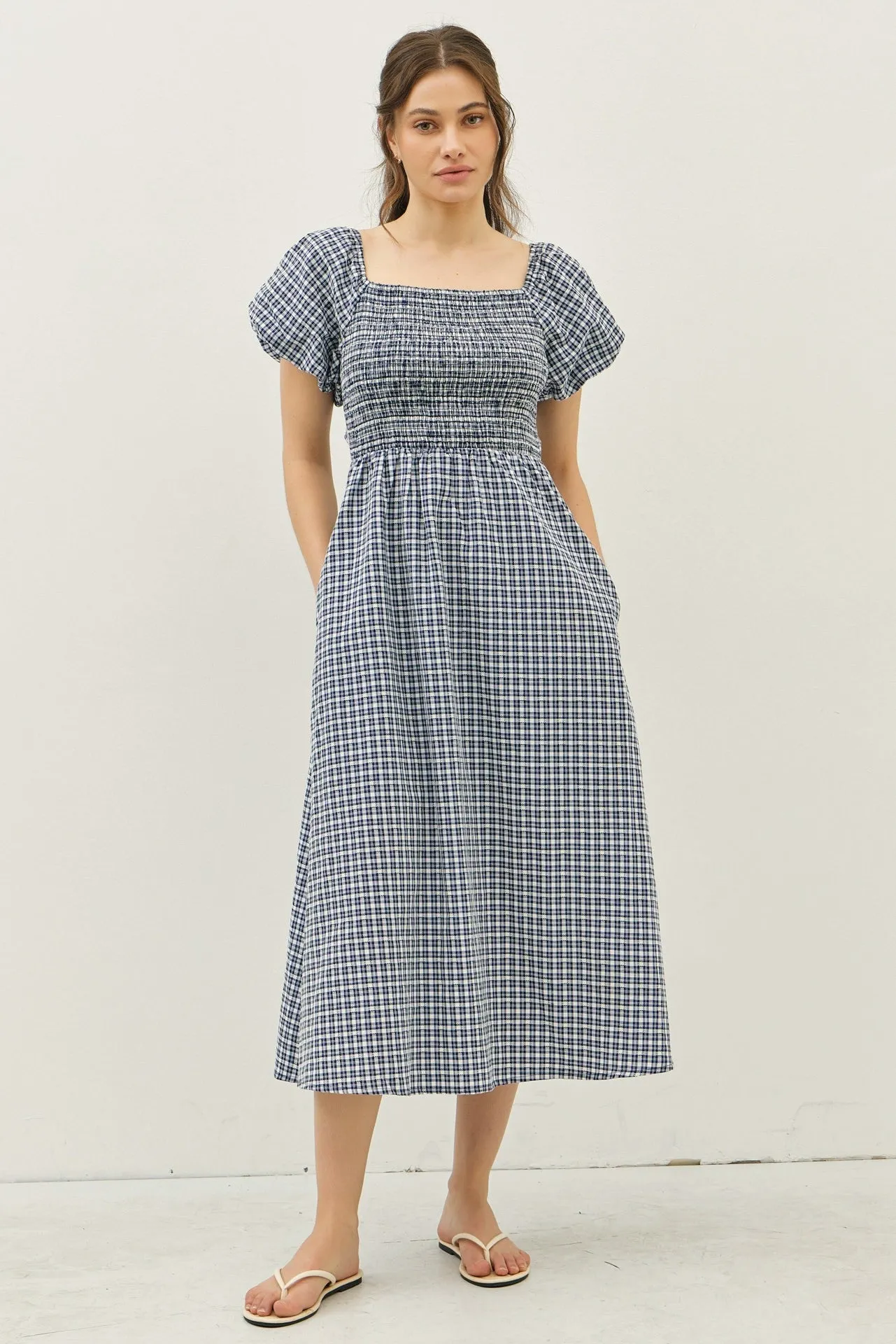 Navy Textured Plaid Pen Back Midi Dress sold by Pinkblush product image thumbnail 2