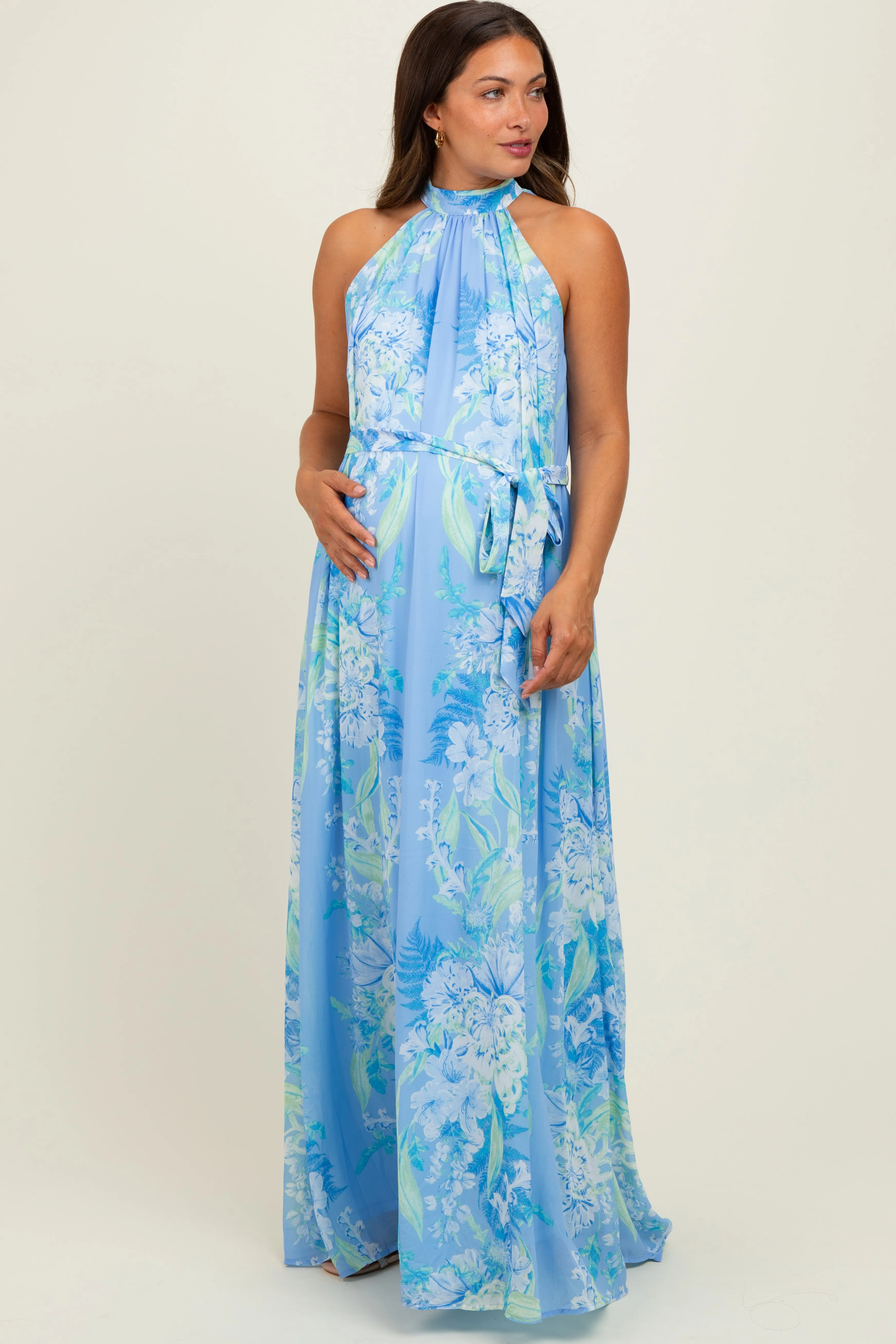 Blue Floral Halter Sleeveless Sash Tie Maternity Maxi Dress sold by Pinkblush