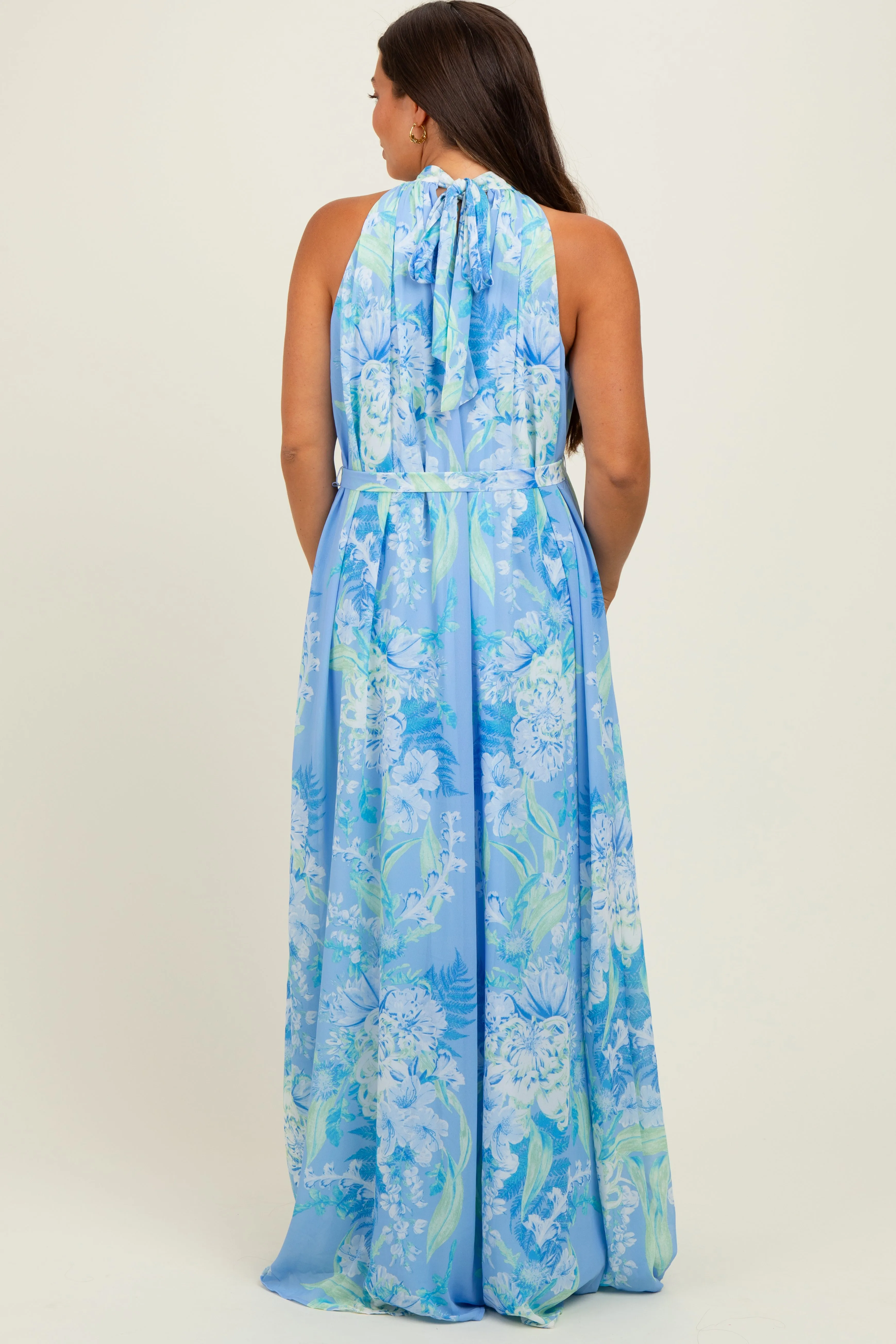 Blue Floral Halter Sleeveless Sash Tie Maternity Maxi Dress sold by Pinkblush product image thumbnail 2
