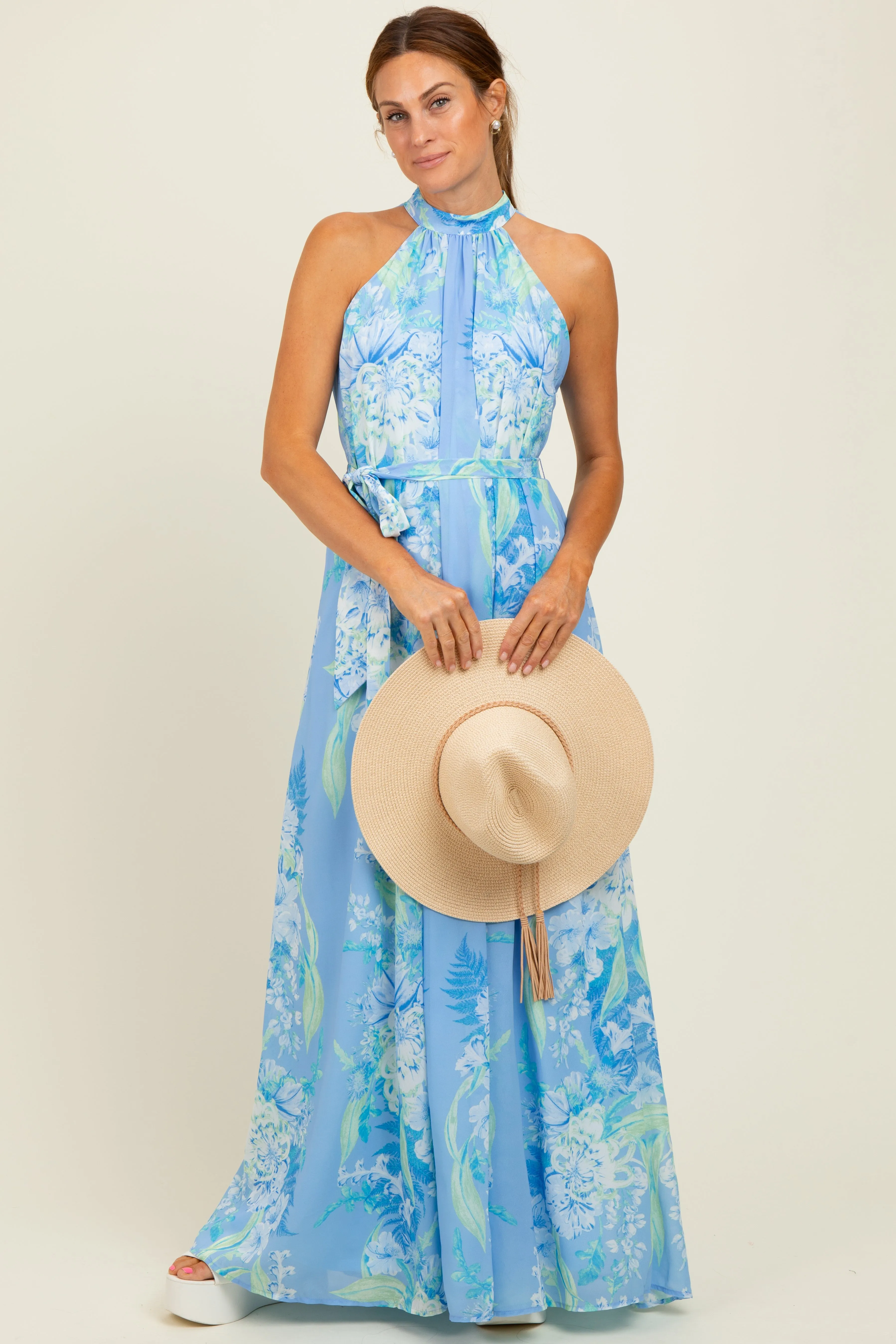 Blue Floral Halter Sleeveless Sash Tie Maternity Maxi Dress sold by Pinkblush product image thumbnail 3