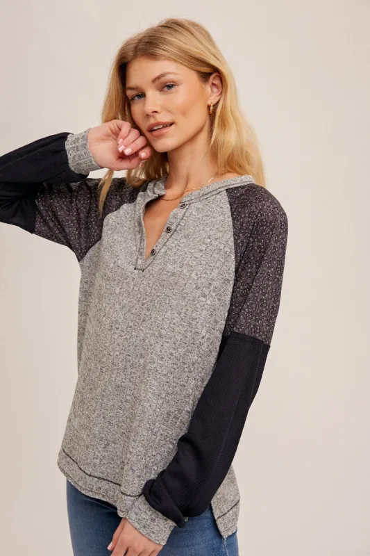 Heather Grey Mixed Fabric Notched Neck Pullover sold by Pinkblush