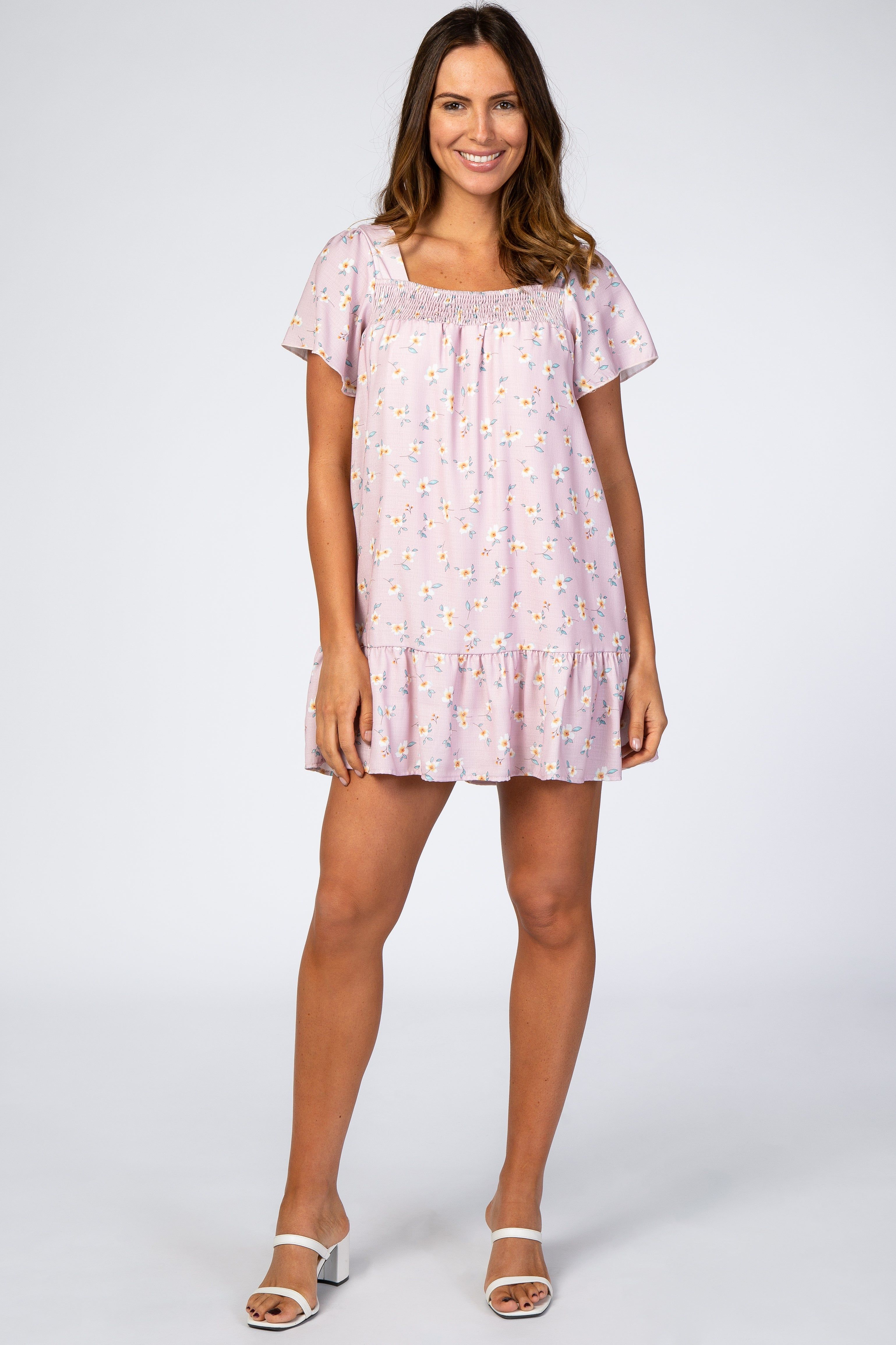 Pink Floral Print Smocked Square Neck Ruffle Trim Dress sold by Pinkblush