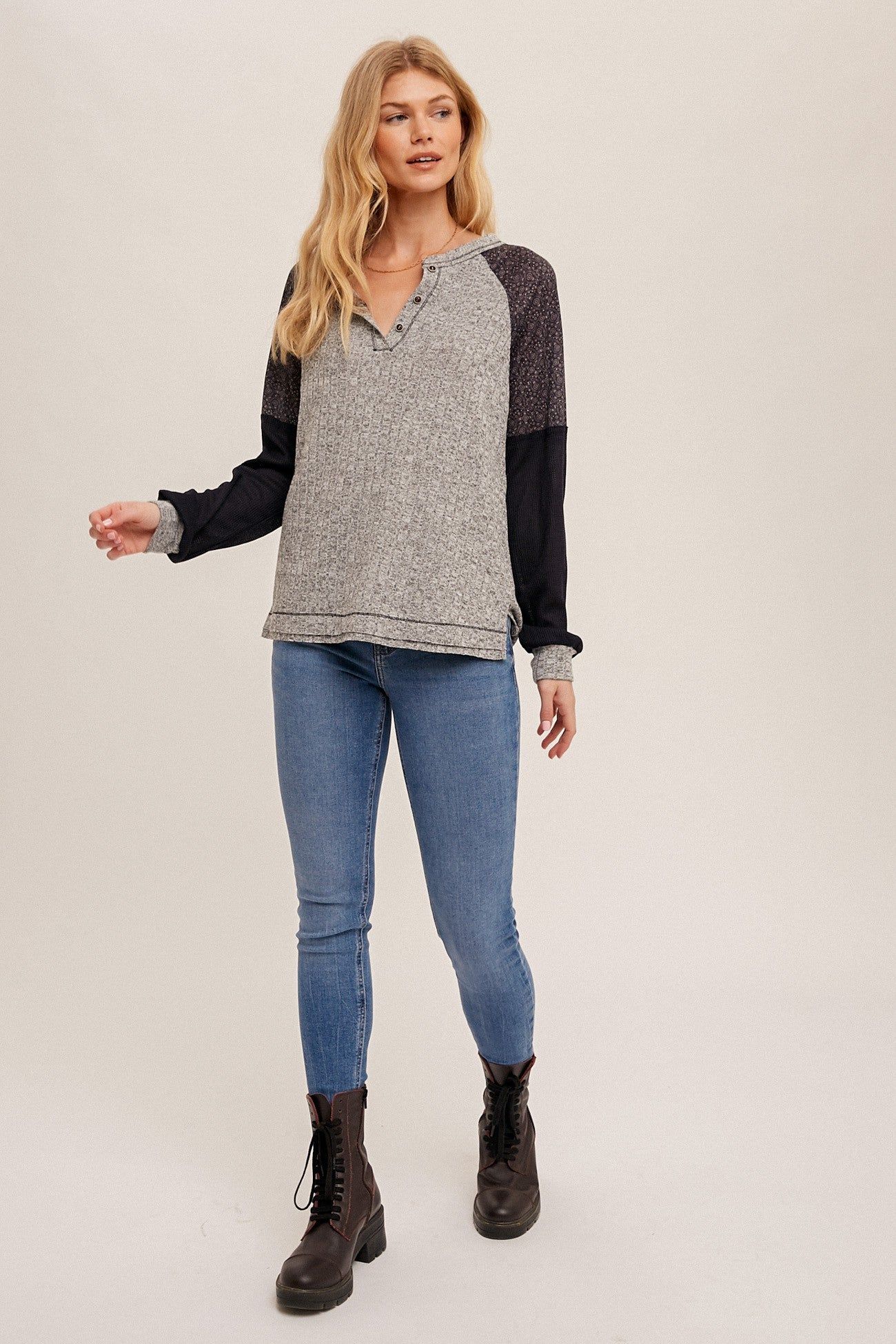 Heather Grey Mixed Fabric Notched Neck Pullover sold by Pinkblush product image thumbnail 5