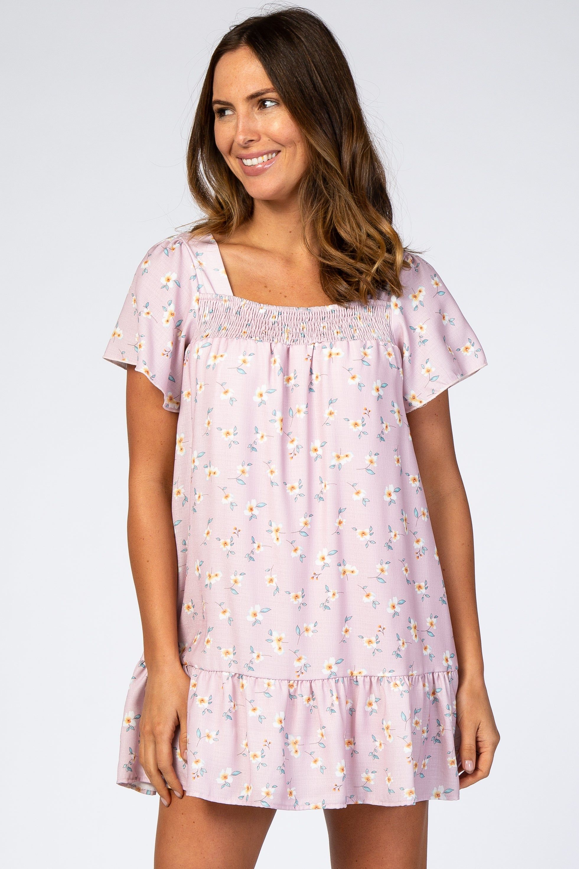 Pink Floral Print Smocked Square Neck Ruffle Trim Dress sold by Pinkblush product image thumbnail 2