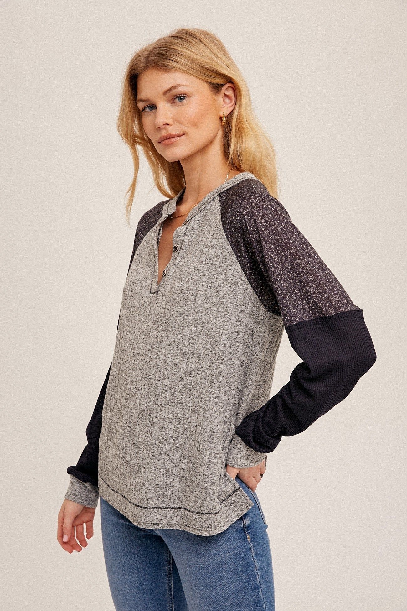 Heather Grey Mixed Fabric Notched Neck Pullover sold by Pinkblush product image thumbnail 3