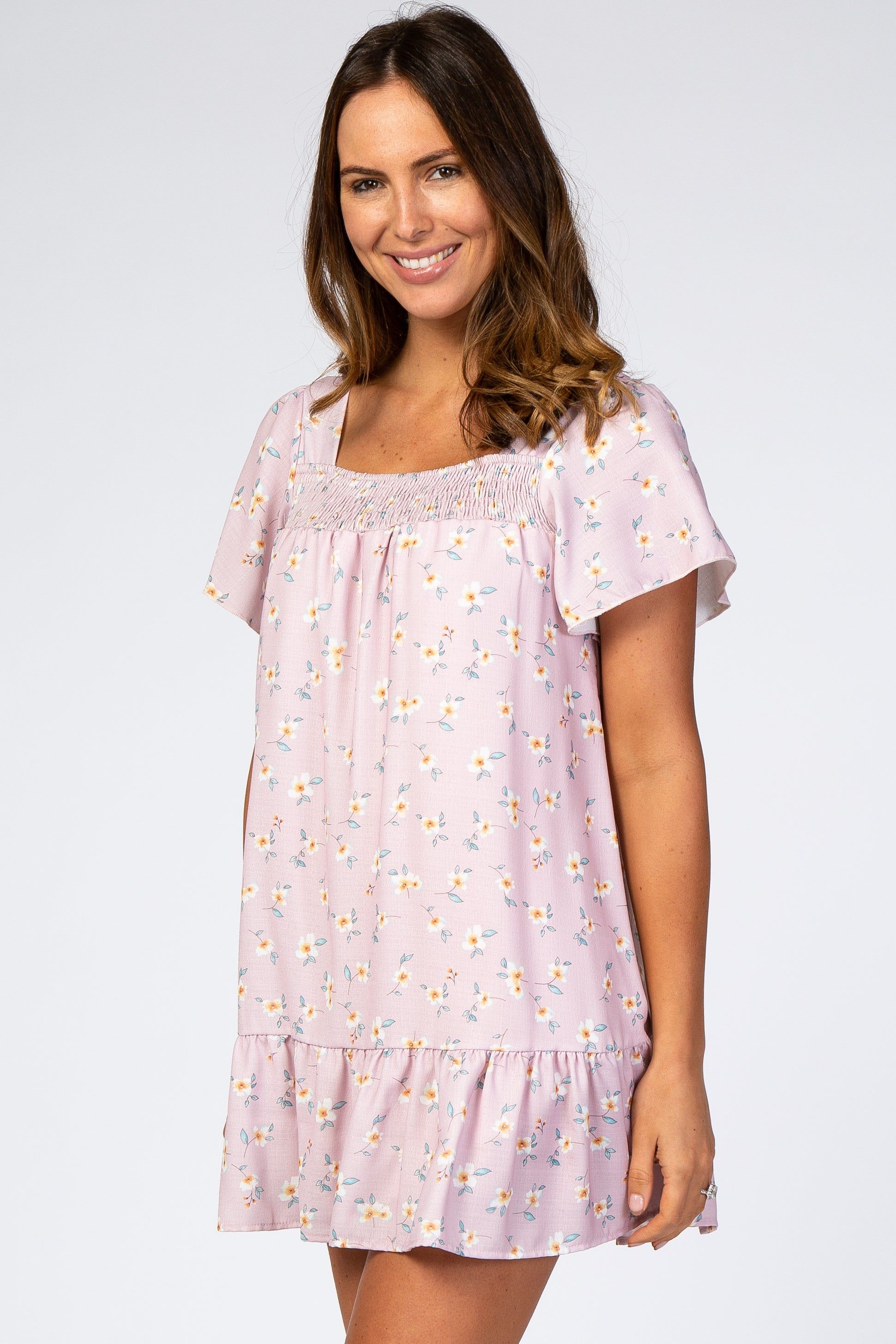 Pink Floral Print Smocked Square Neck Ruffle Trim Dress sold by Pinkblush product image thumbnail 3