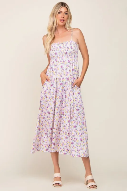 Lavender Square Neck Smocked Midi Dress sold by Pinkblush