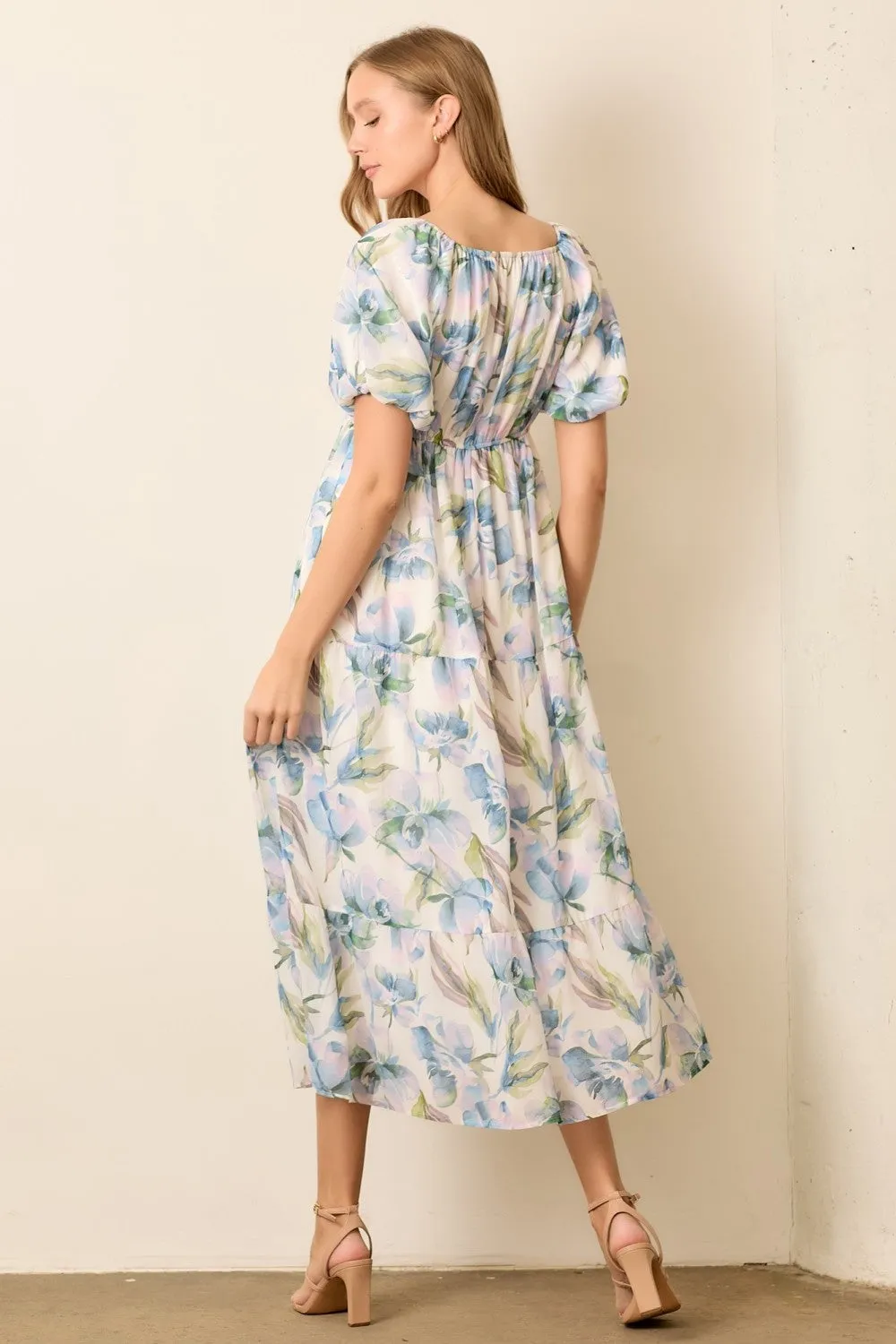 Blue Floral Chiffon Puff Sleeve Midi Dress sold by Pinkblush product image thumbnail 3