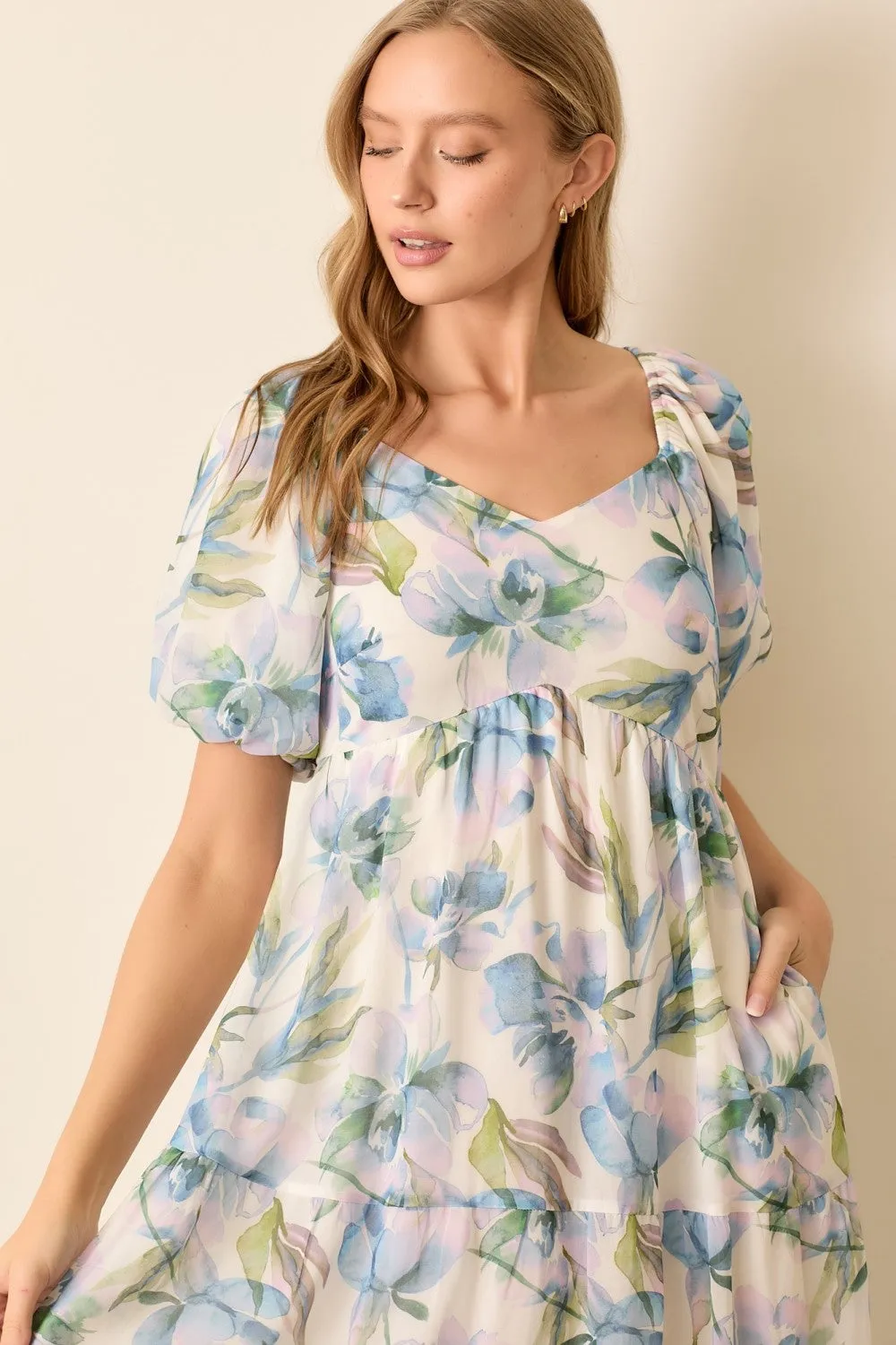 Blue Floral Chiffon Puff Sleeve Midi Dress sold by Pinkblush product image thumbnail 4
