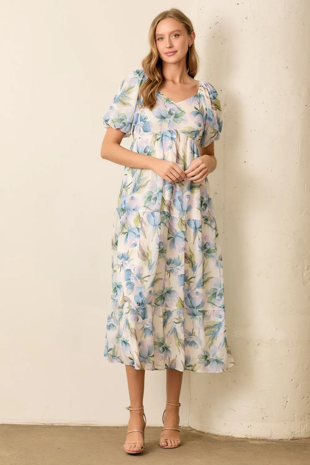 Blue Floral Chiffon Puff Sleeve Midi Dress sold by Pinkblush