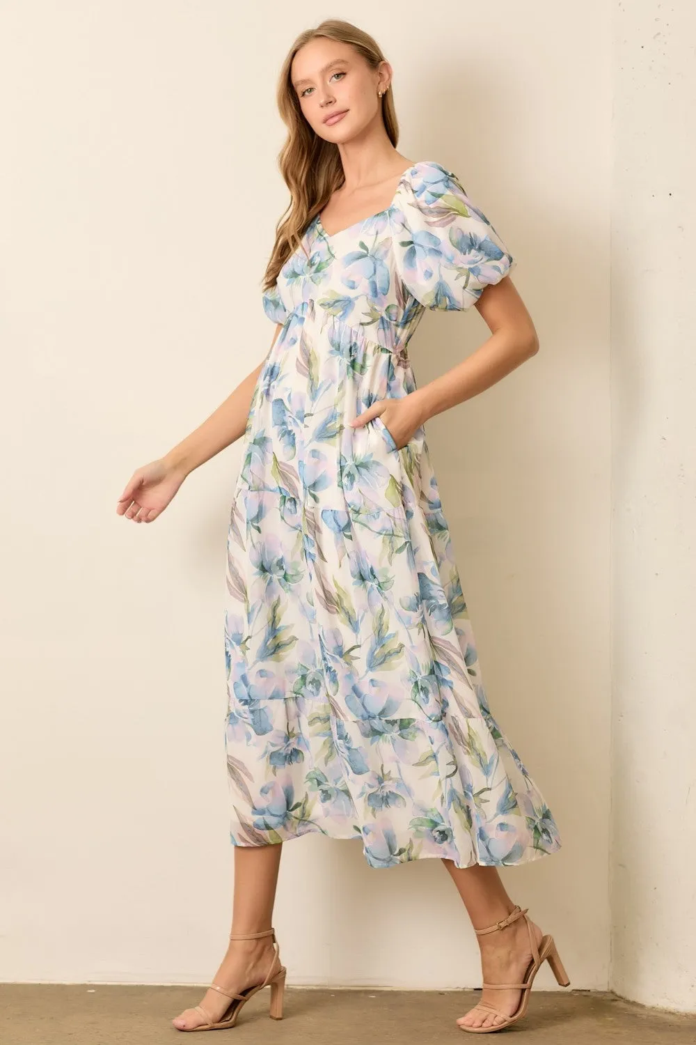 Blue Floral Chiffon Puff Sleeve Midi Dress sold by Pinkblush product image thumbnail 2