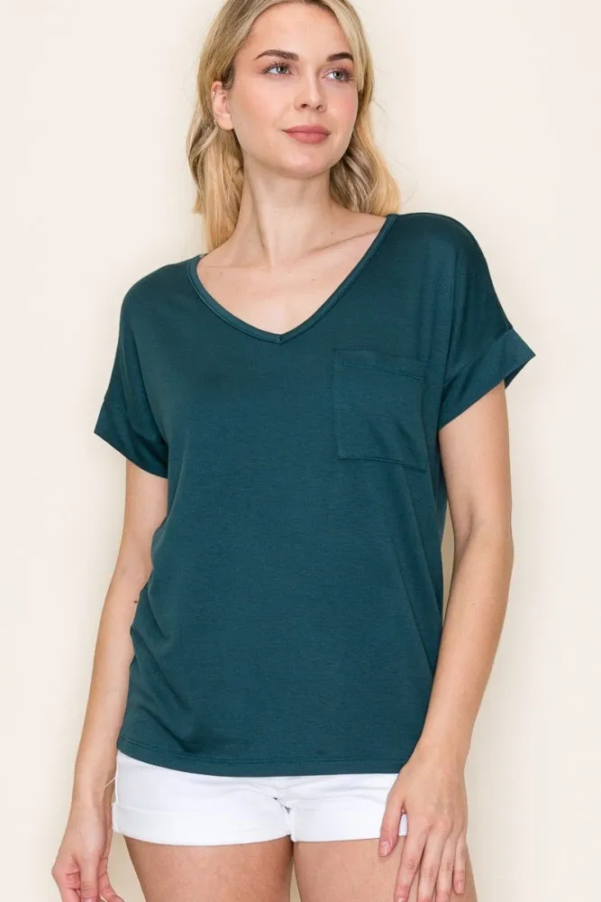 Forest Green V-Neck Front Pocket Short Sleeve T-Shirt sold by Pinkblush product image thumbnail 2
