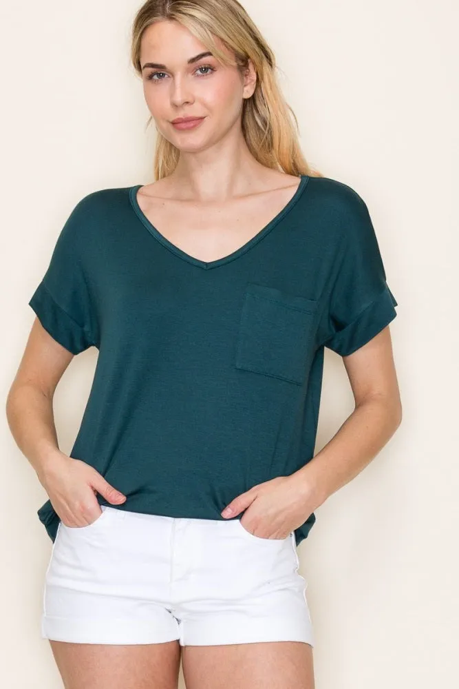Forest Green V-Neck Front Pocket Short Sleeve T-Shirt sold by Pinkblush product image thumbnail 4