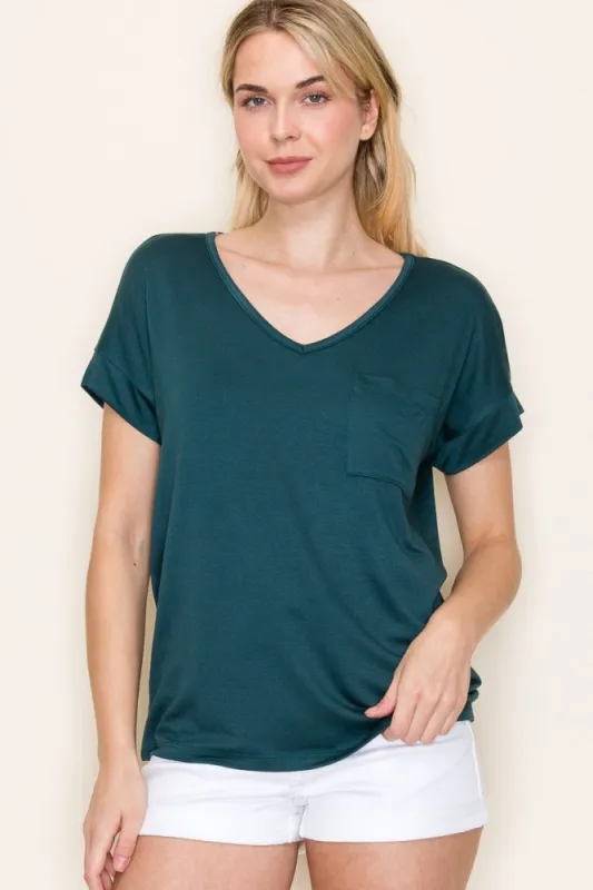 Forest Green V-Neck Front Pocket Short Sleeve T-Shirt sold by Pinkblush