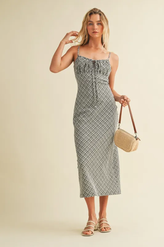 Black Textured Plaid Drawstring Neck Midi Dress sold by Pinkblush