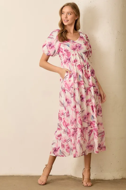 Pink Floral Chiffon Puff Sleeve Midi Dress sold by Pinkblush