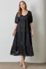 Black Leaf Textured Tiered Midi Dress sold by Pinkblush