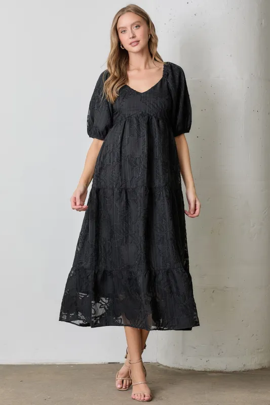 Black Leaf Textured Tiered Midi Dress sold by Pinkblush