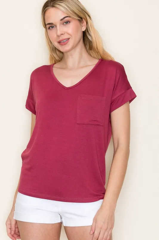 Burgundy V-Neck Front Pocket Short Sleeve T-Shirt sold by Pinkblush