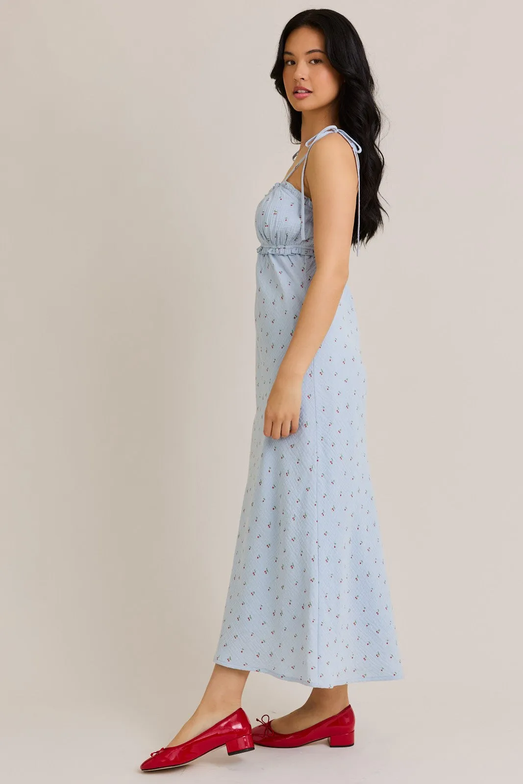 Light Blue Cherry Print Shoulder Tie Midi Dress sold by Pinkblush product image thumbnail 3