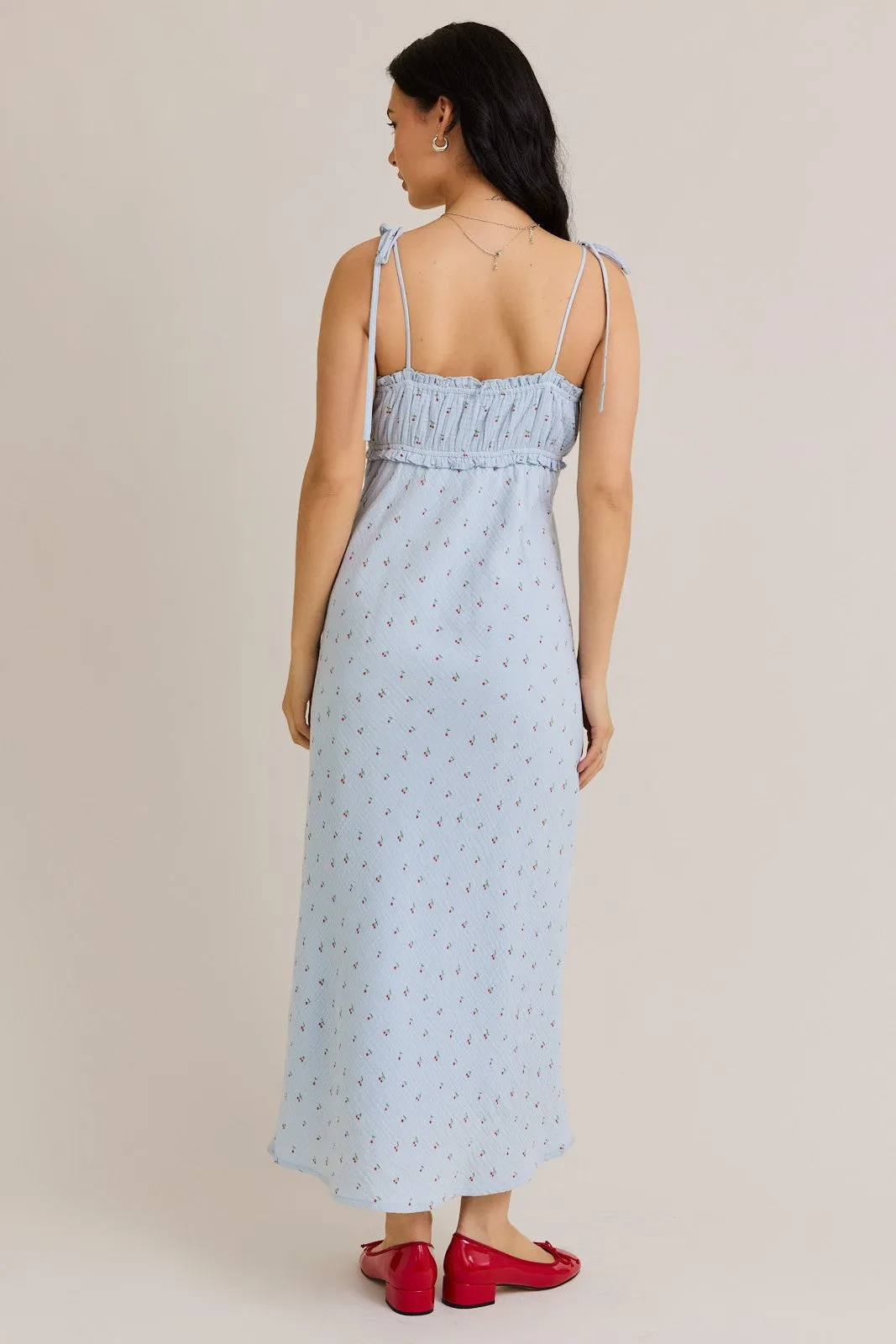 Light Blue Cherry Print Shoulder Tie Midi Dress sold by Pinkblush product image thumbnail 4