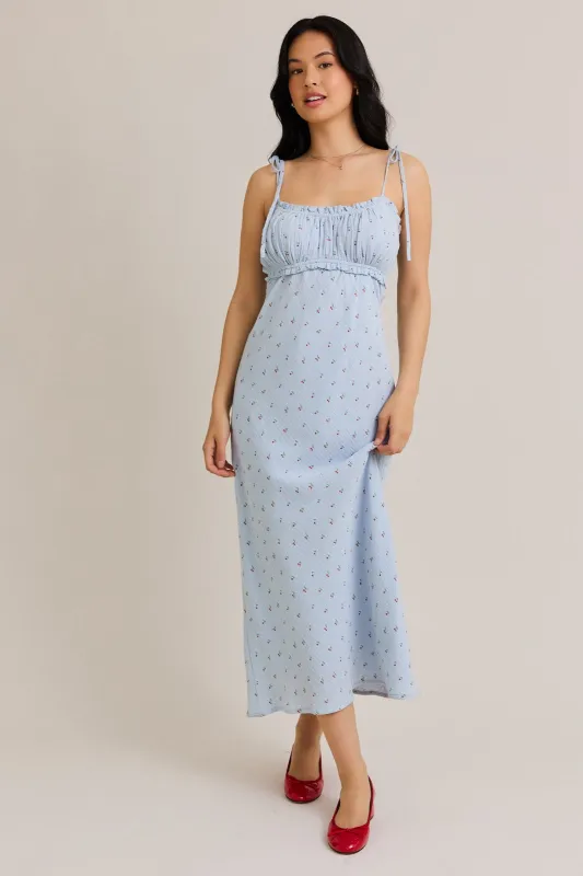 Light Blue Cherry Print Shoulder Tie Midi Dress sold by Pinkblush