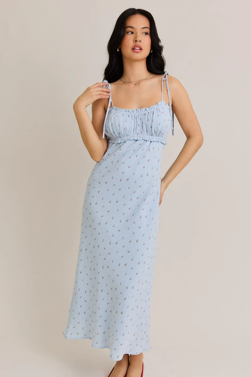 Light Blue Cherry Print Shoulder Tie Midi Dress sold by Pinkblush product image thumbnail 2