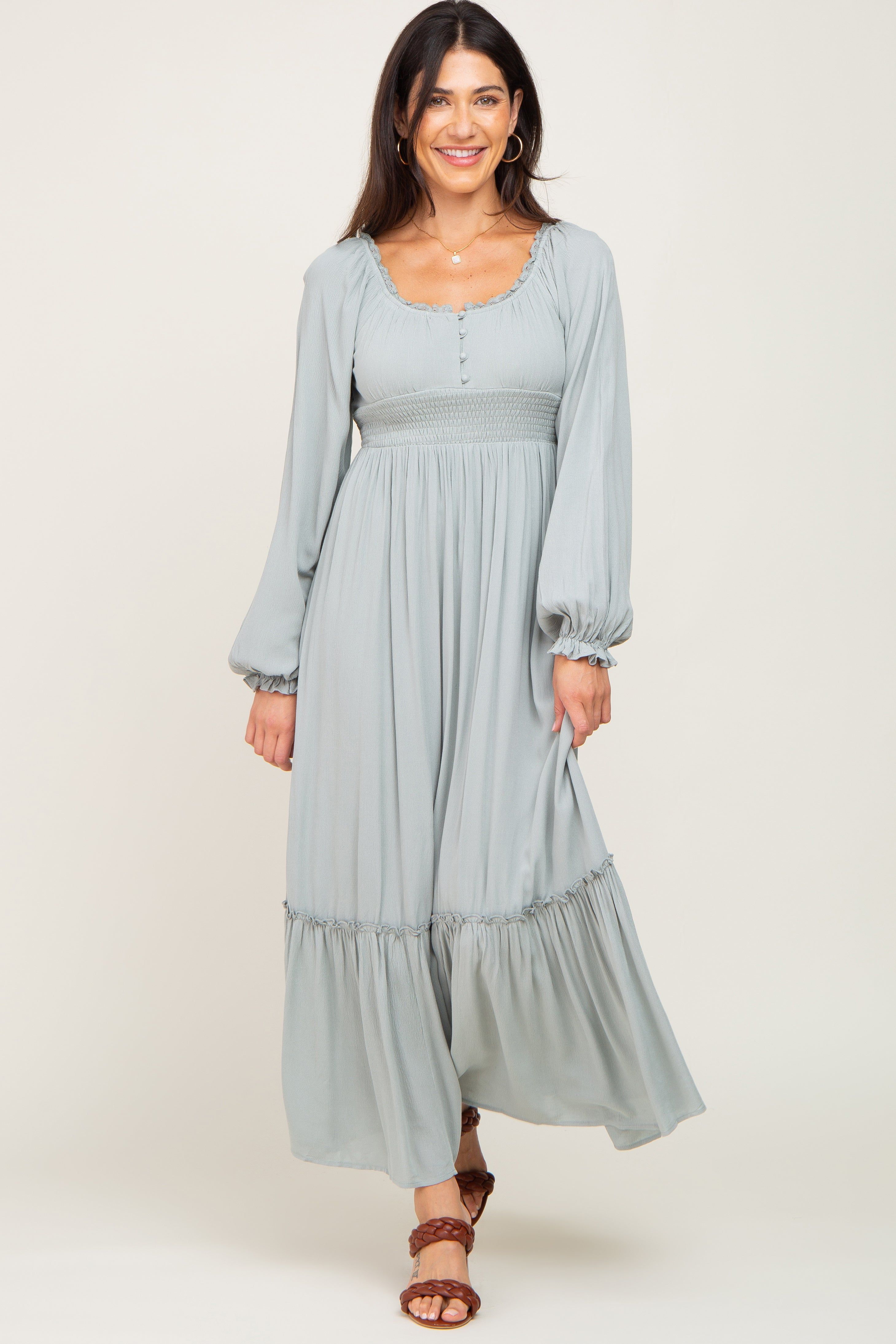 Light Blue Lace Trim Smocked Waist Maxi Dress sold by Pinkblush product image thumbnail 4