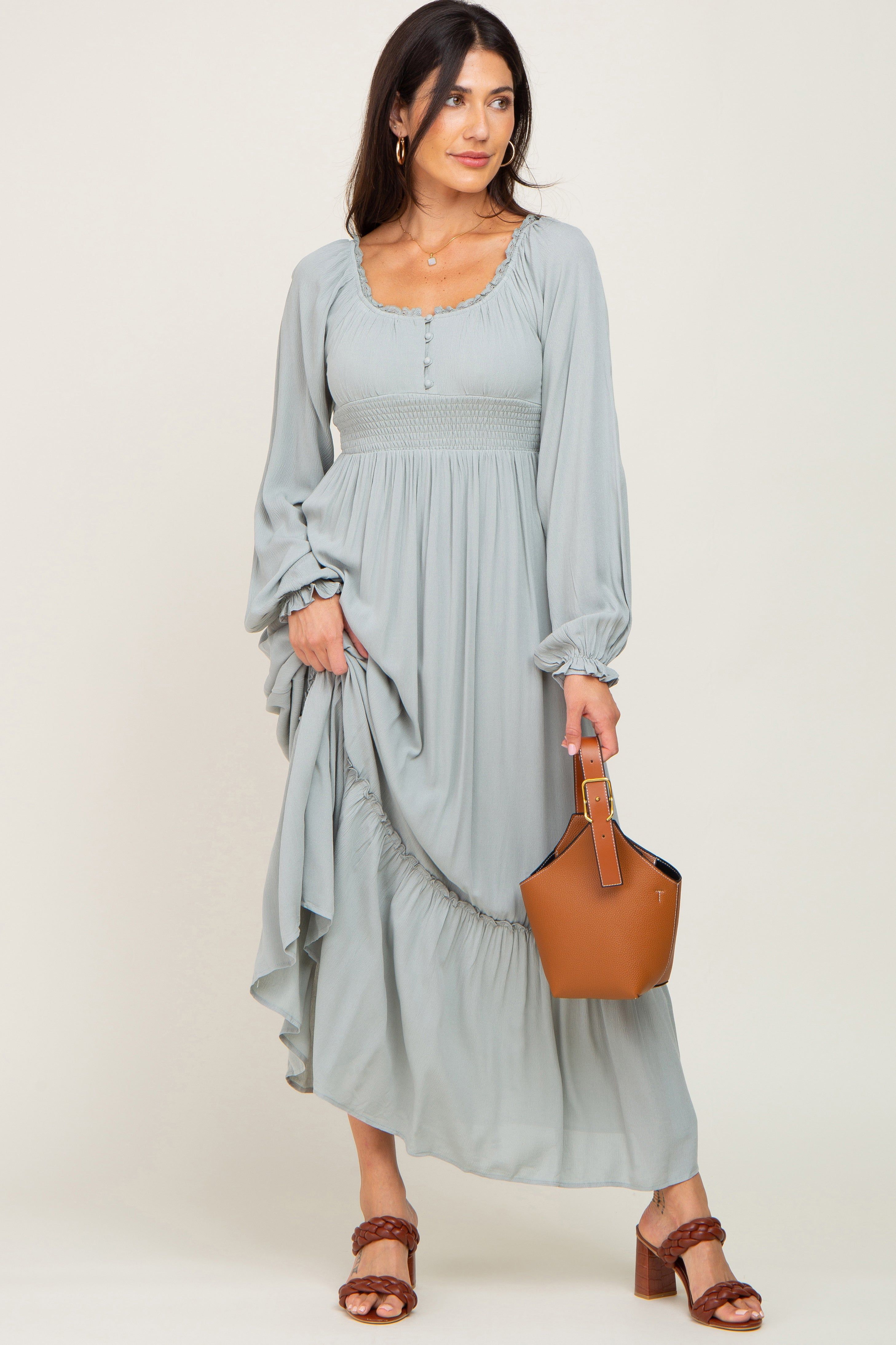 Light Blue Lace Trim Smocked Waist Maxi Dress sold by Pinkblush