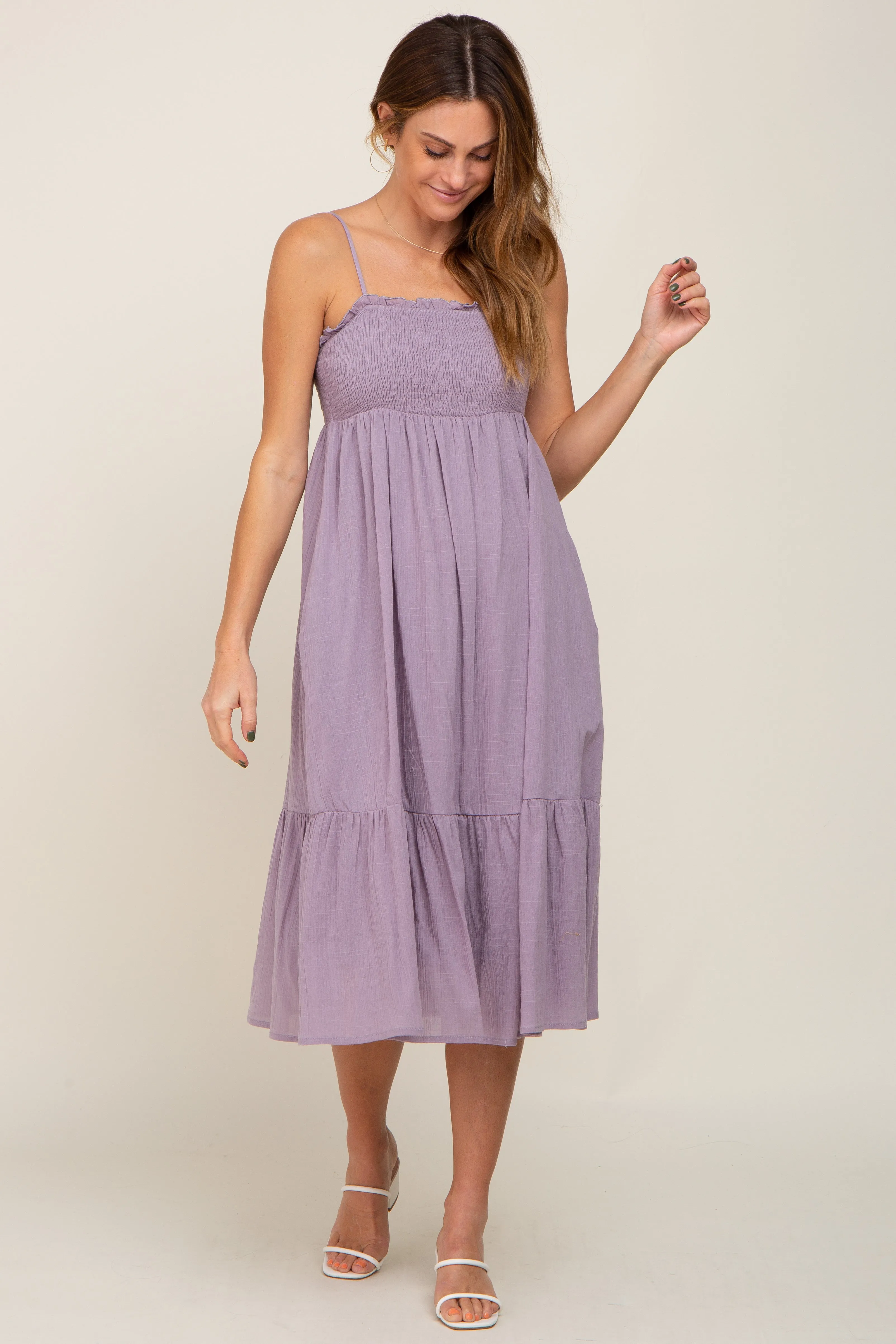 Lavender Smocked Sleeveless Linen Maternity Midi Dress sold by Pinkblush product image thumbnail 5