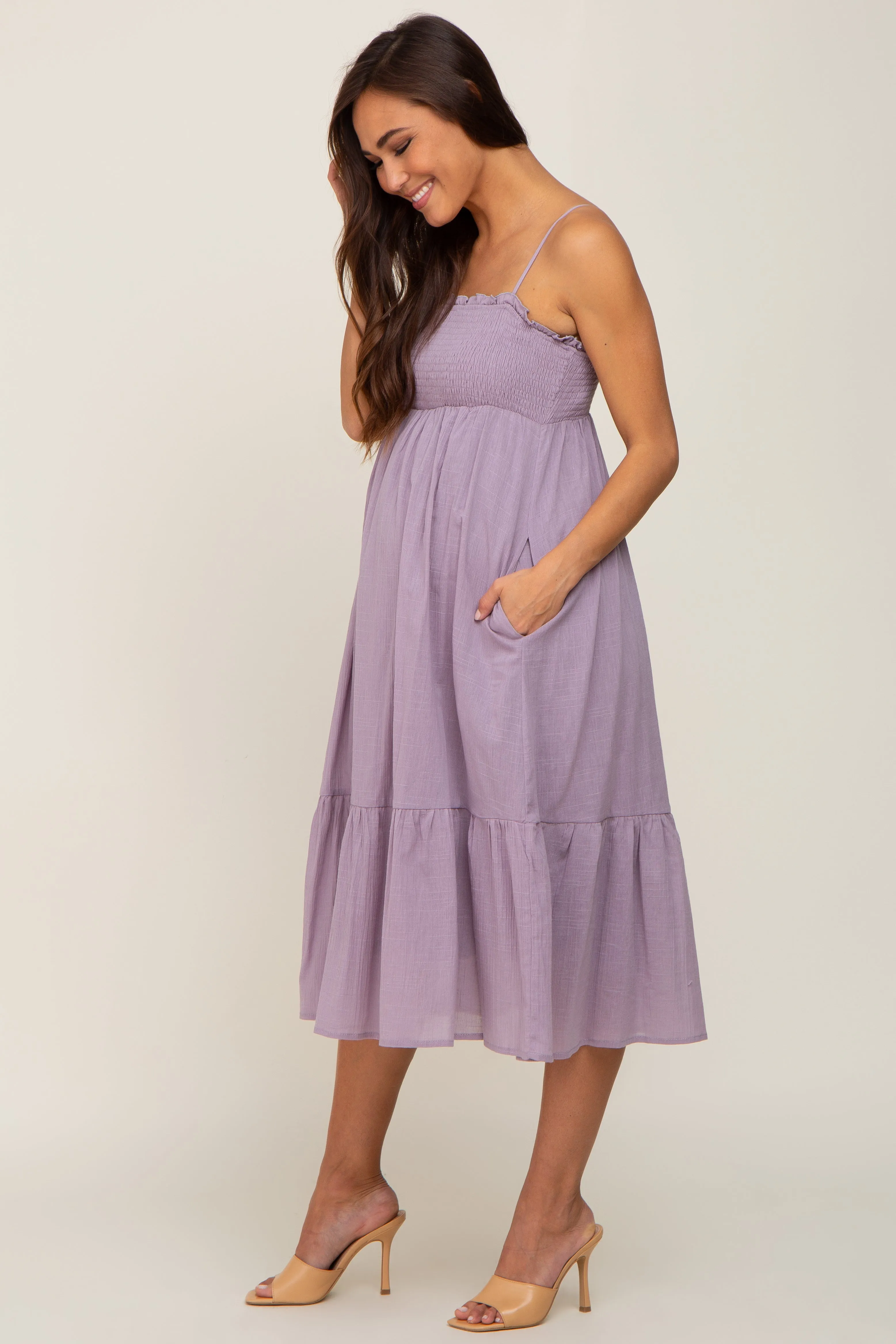 Lavender Smocked Sleeveless Linen Maternity Midi Dress sold by Pinkblush product image thumbnail 2