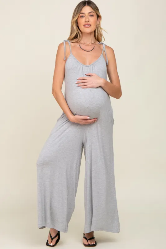 Heather Grey Shoulder Tie Soft Knit Maternity Jumpsuit sold by Pinkblush