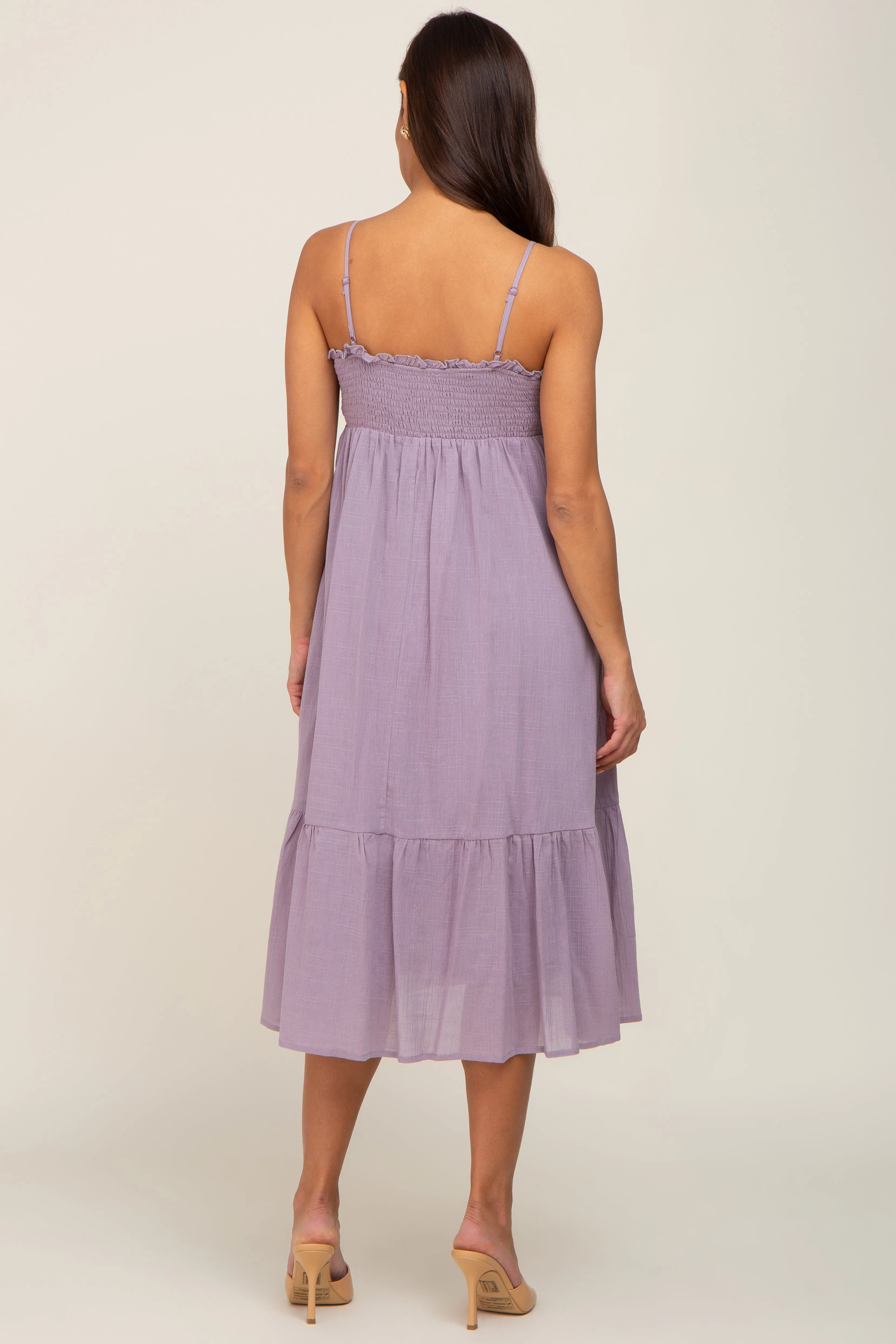 Lavender Smocked Sleeveless Linen Maternity Midi Dress sold by Pinkblush product image thumbnail 3