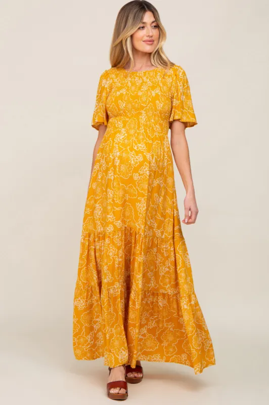 Yellow Floral Flounce Sleeve Maternity Maxi Dress sold by Pinkblush