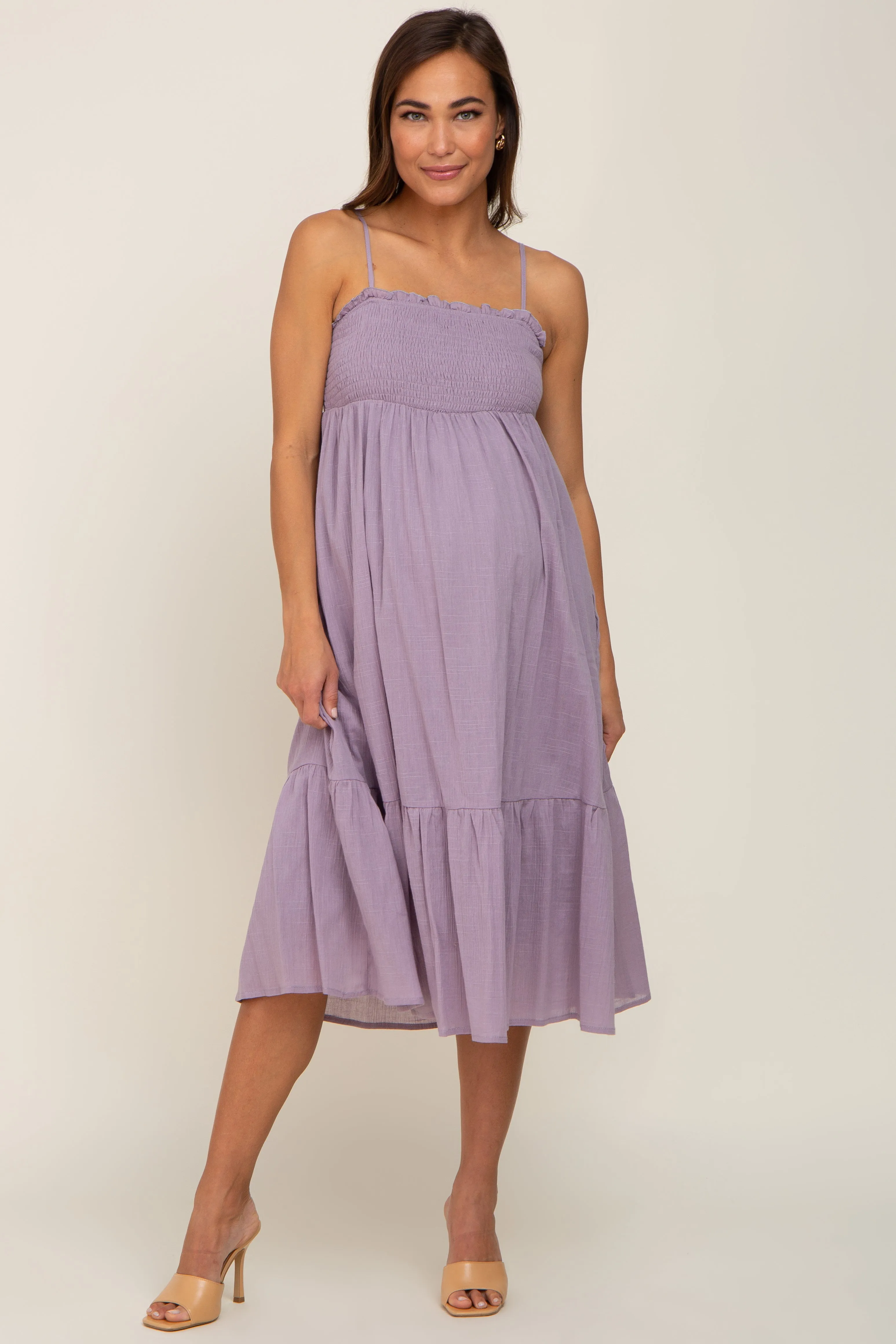 Lavender Smocked Sleeveless Linen Maternity Midi Dress sold by Pinkblush product image thumbnail 4