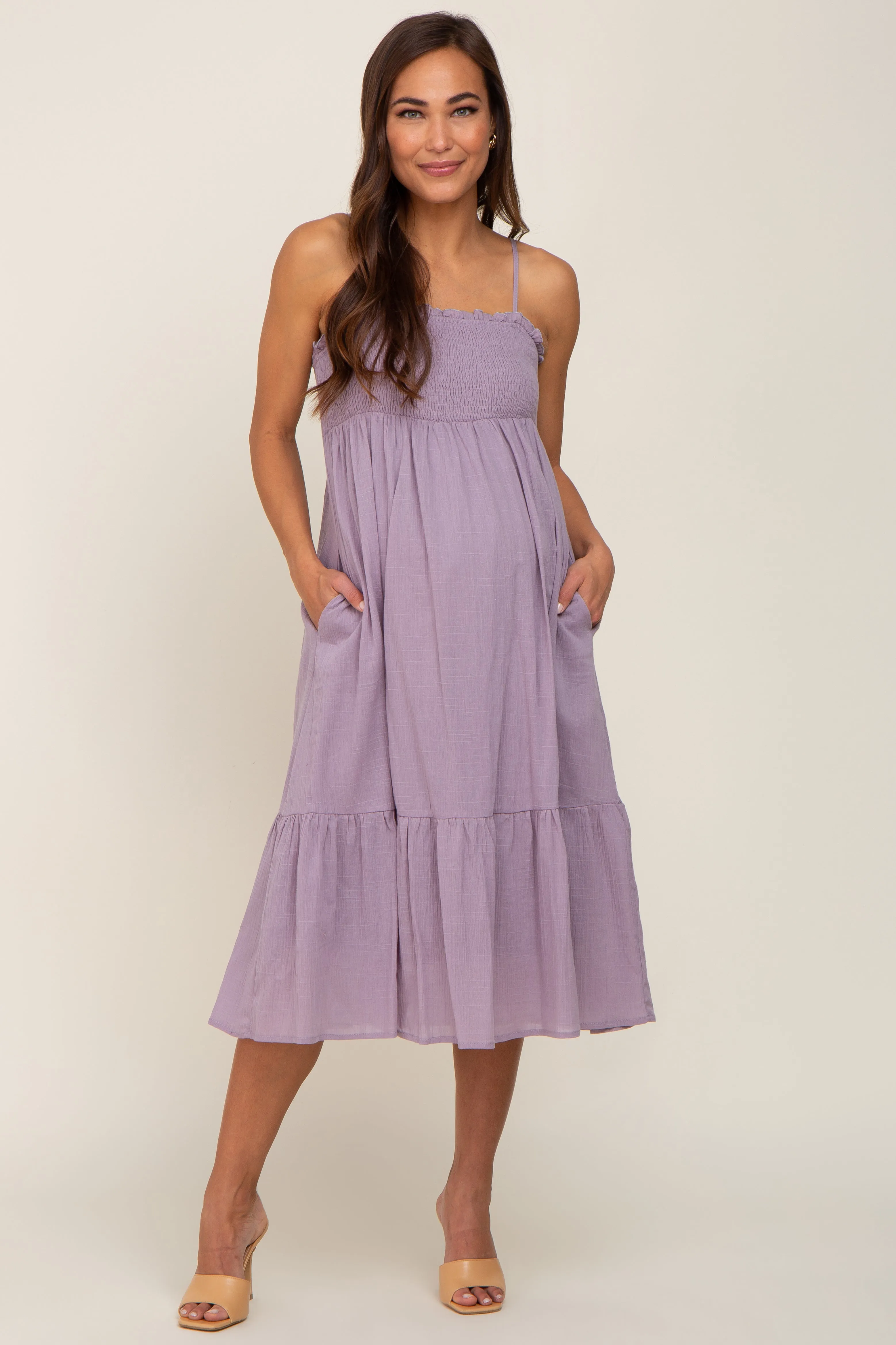 Lavender Smocked Sleeveless Linen Maternity Midi Dress sold by Pinkblush