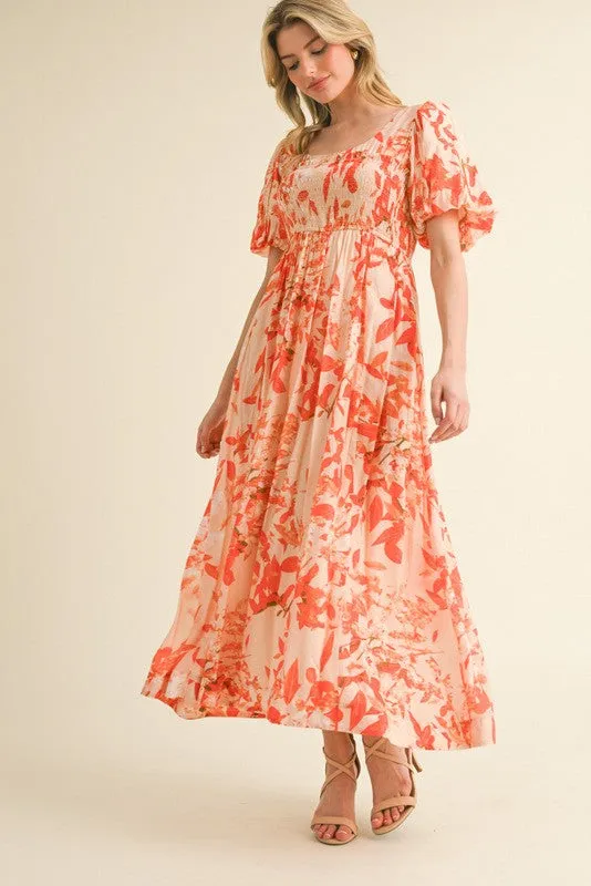 Orange Print Puff Sleeve Square Neck Maxi Dress sold by Pinkblush product image thumbnail 2