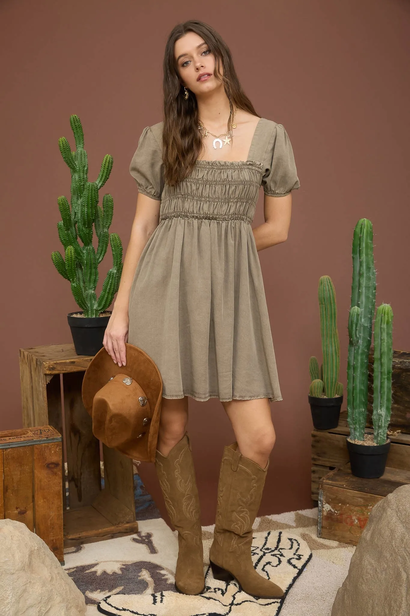 Olive Smocked Puff Sleeve Mini Dress sold by Pinkblush product image thumbnail 4